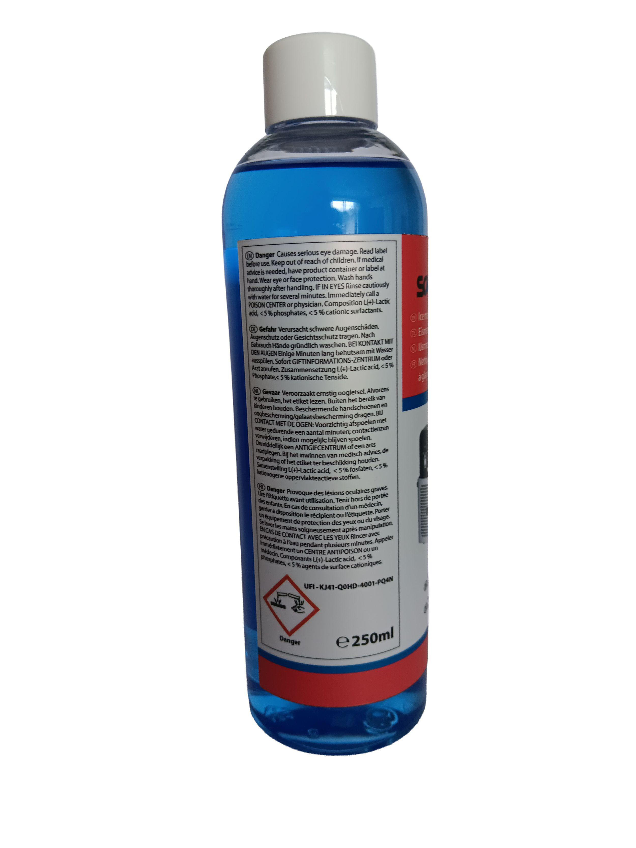 Blaue Flüssigkeit in einer Flasche mit Warnhinweisen und 250 ml Angabe.