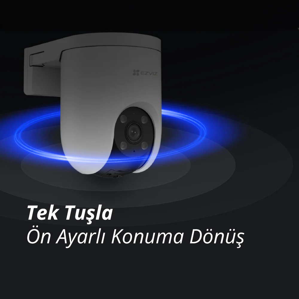 EZVIZ logolu beyaz güvenlik kamerası, mavi halkalarla çevrili.
