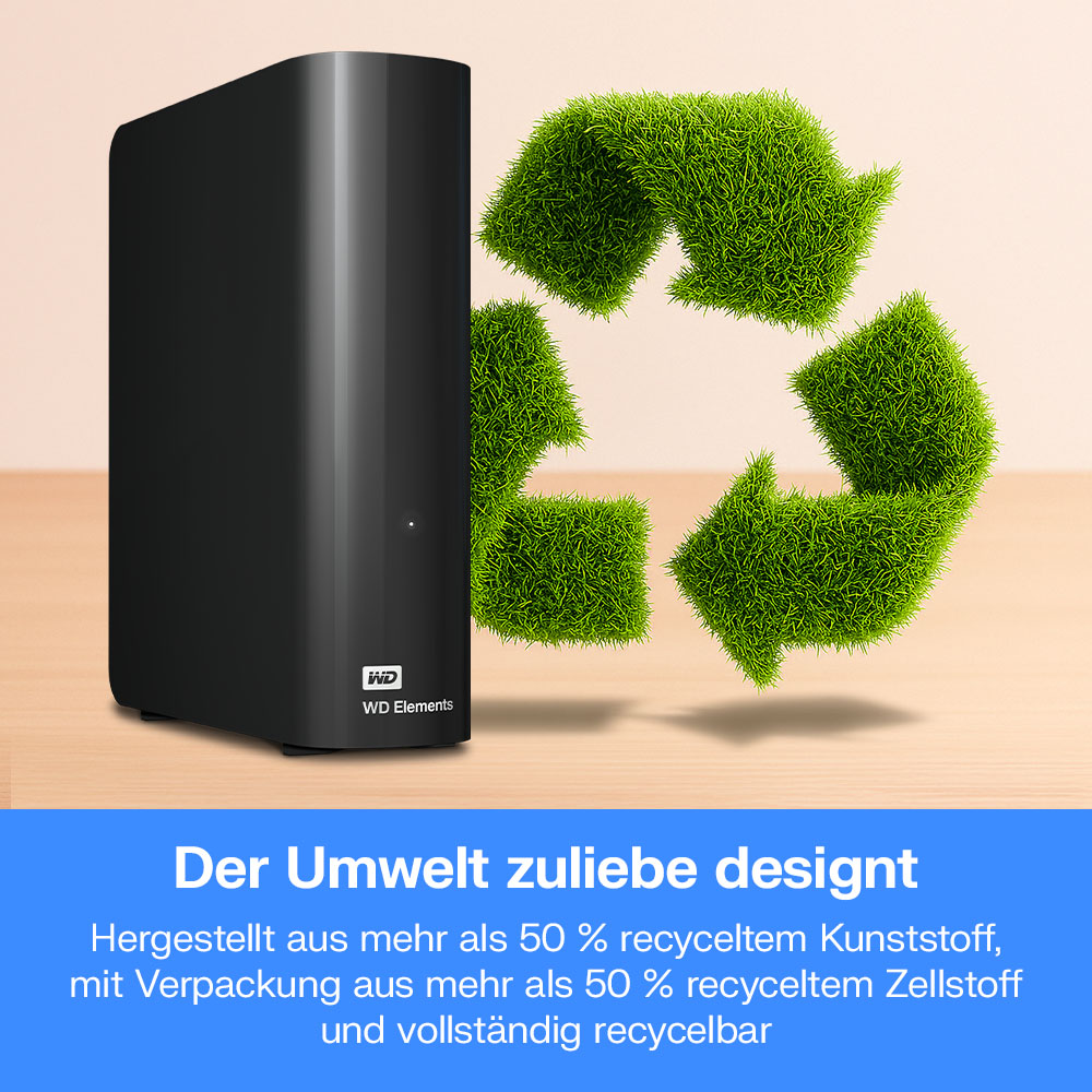 Schwarze externe Festplatte neben einem grünen Recycling-Symbol aus Gras.