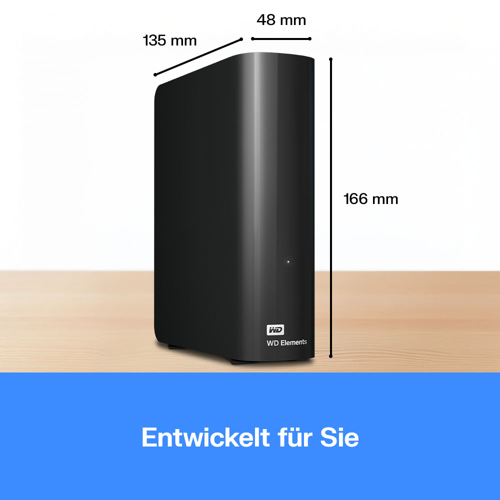 Schwarze externe Festplatte mit Maßen 135x48x166mm, WD Elements Logo.