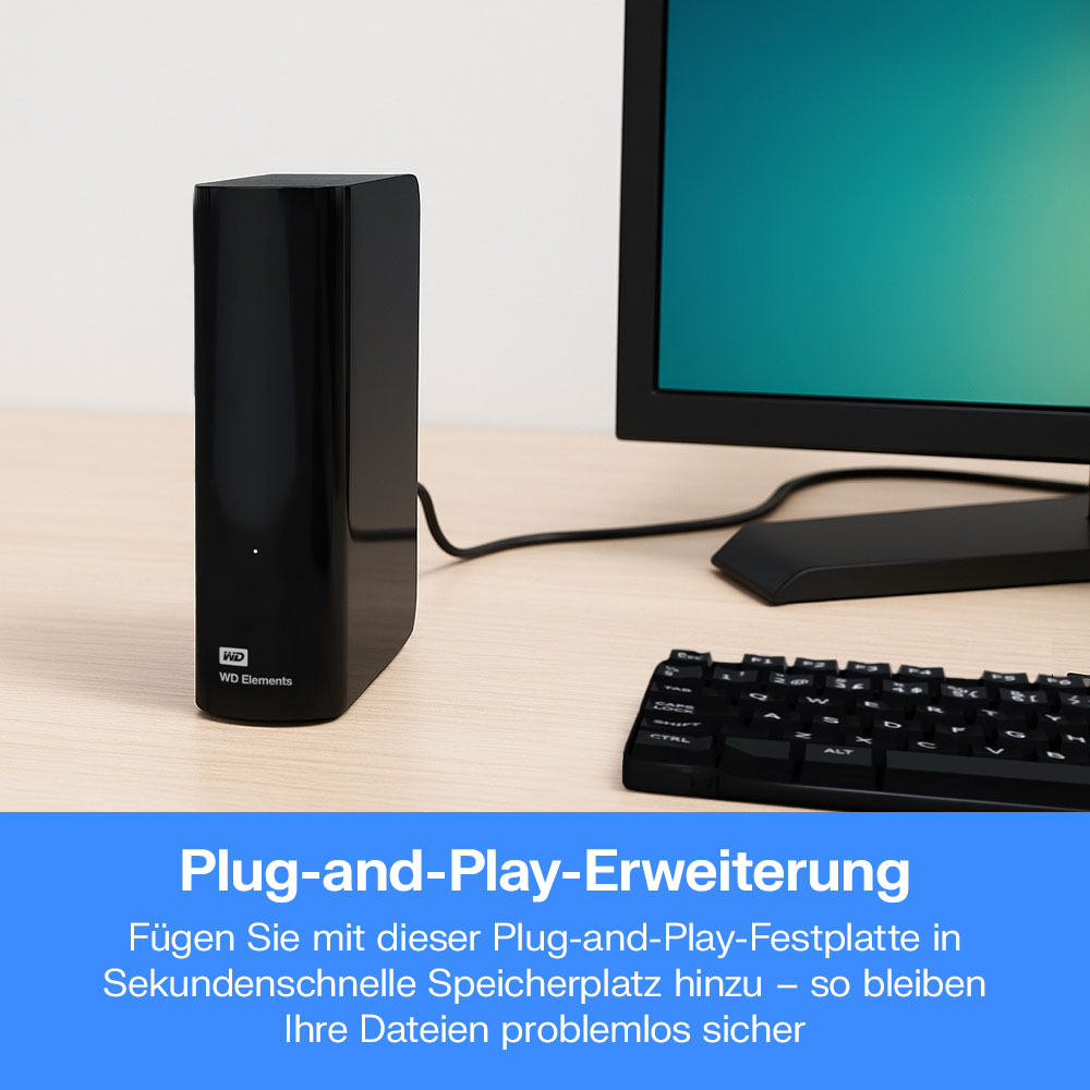 Schwarze externe WD-Festplatte neben Computermonitor und Tastatur.