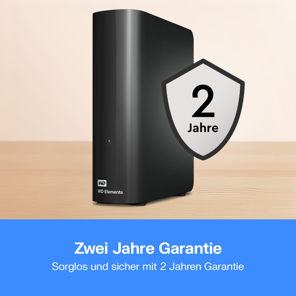 Schwarze externe Festplatte von WD Elements mit 2 Jahre Garantie Siegel.