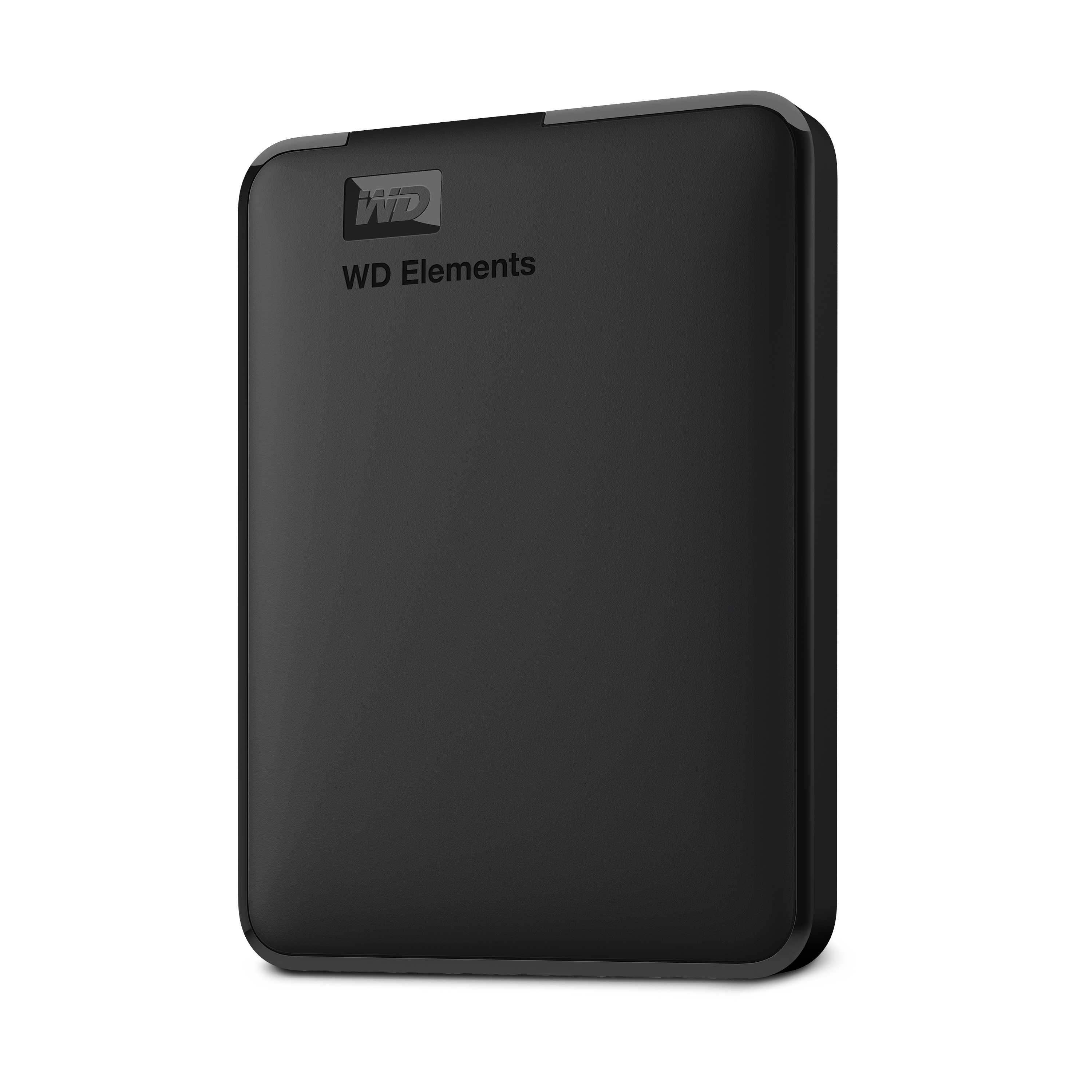 Ein schwarzes WD Elements externes Laufwerk mit silbernem Rand.