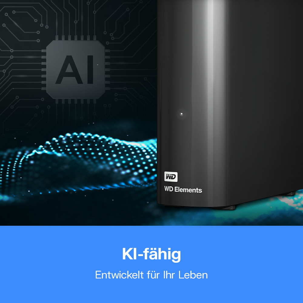 WD Elements Festplatte mit KI-Chip und blauen Datenwellen.