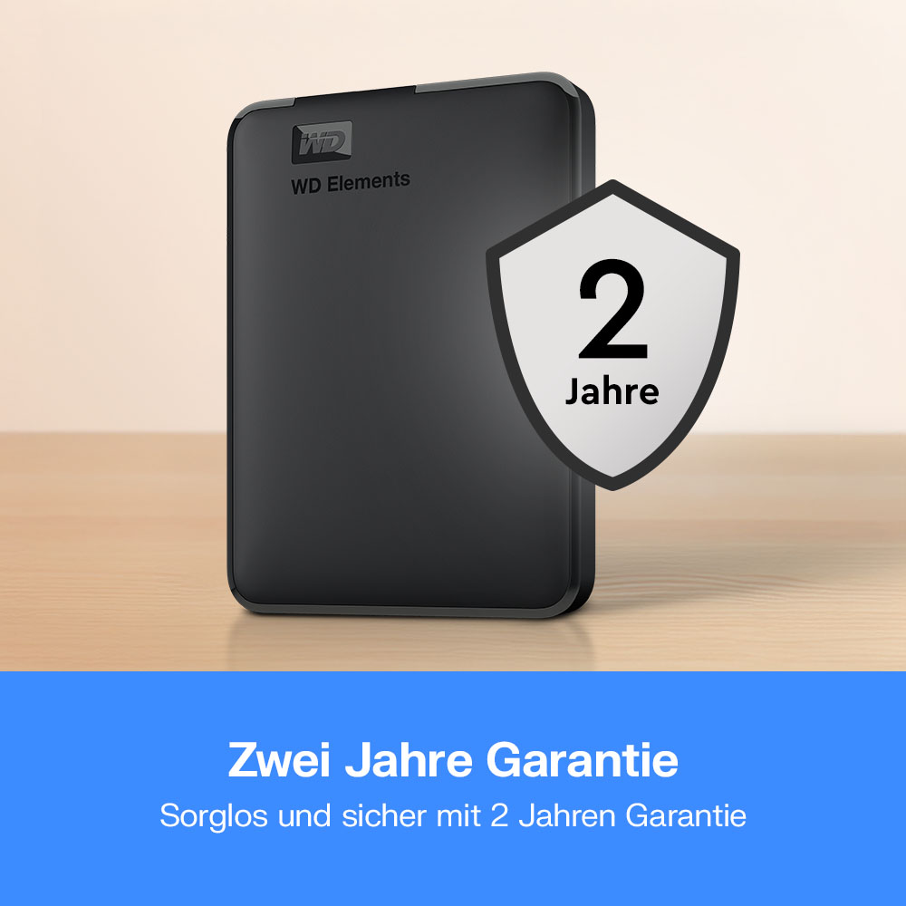 Schwarze WD Elements externe Festplatte mit 2 Jahre Garantie-Siegel.