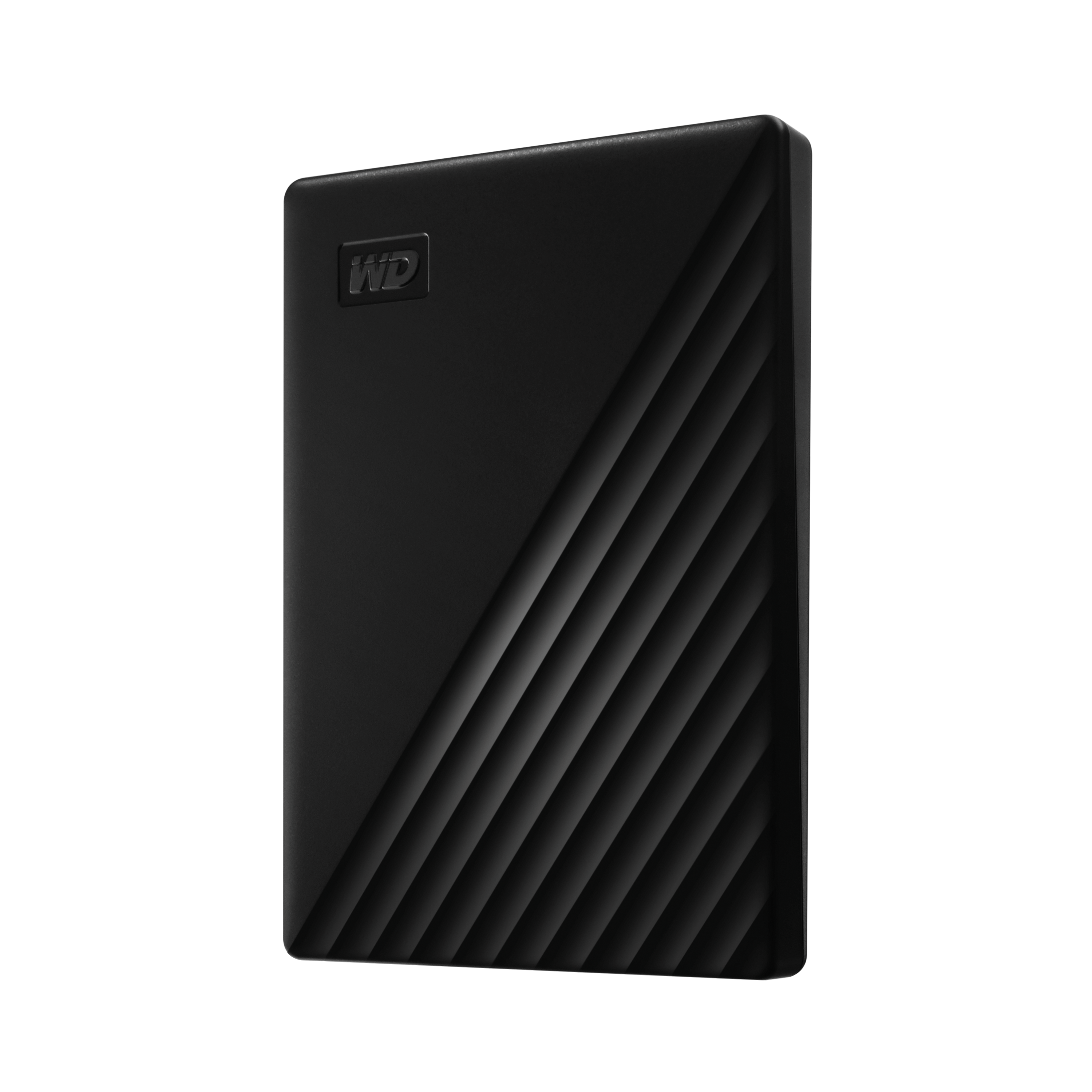Schwarze externe Festplatte mit „WD“-Logo und Rillenmuster.