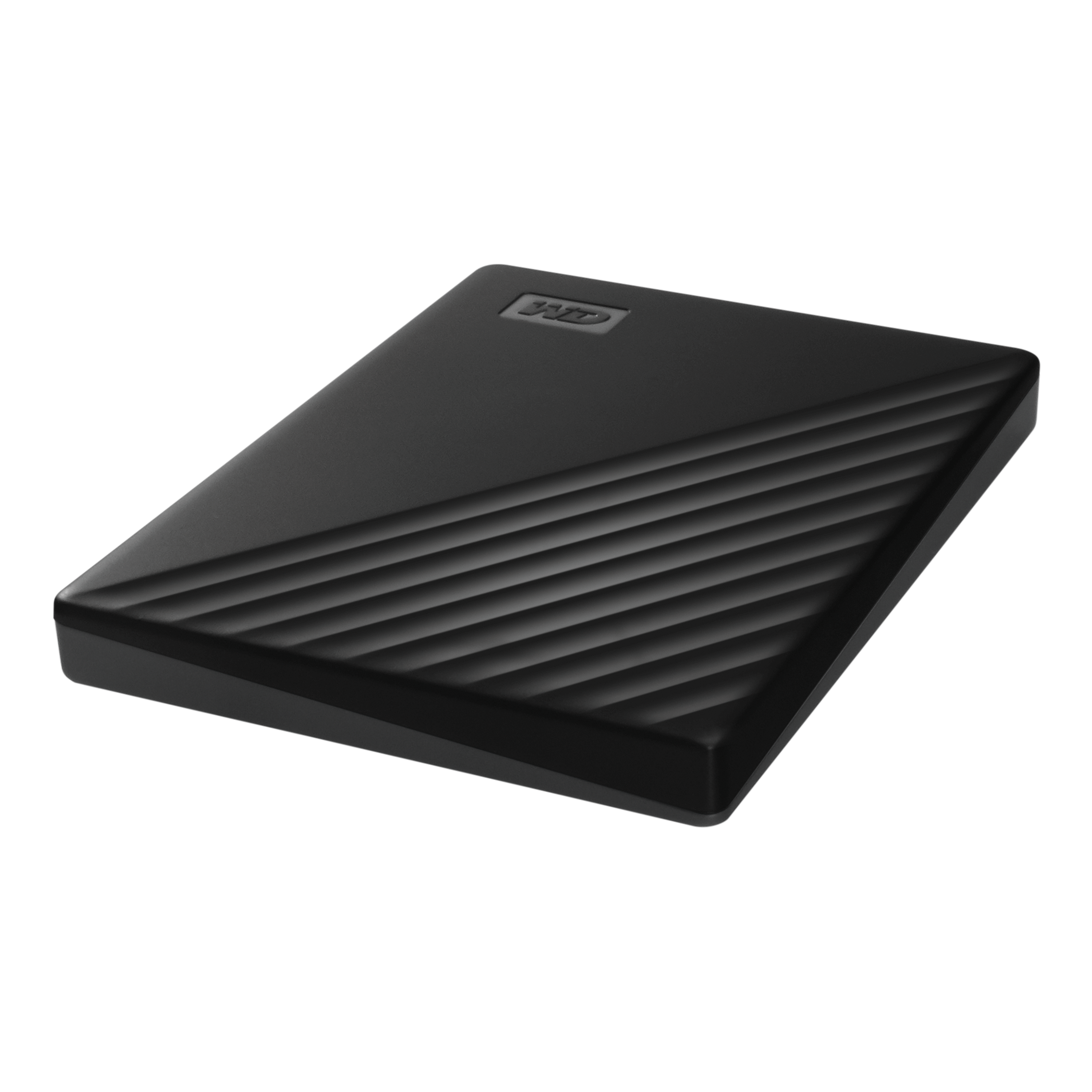 Schwarze externe Festplatte mit gerilltem Design und WD-Logo.