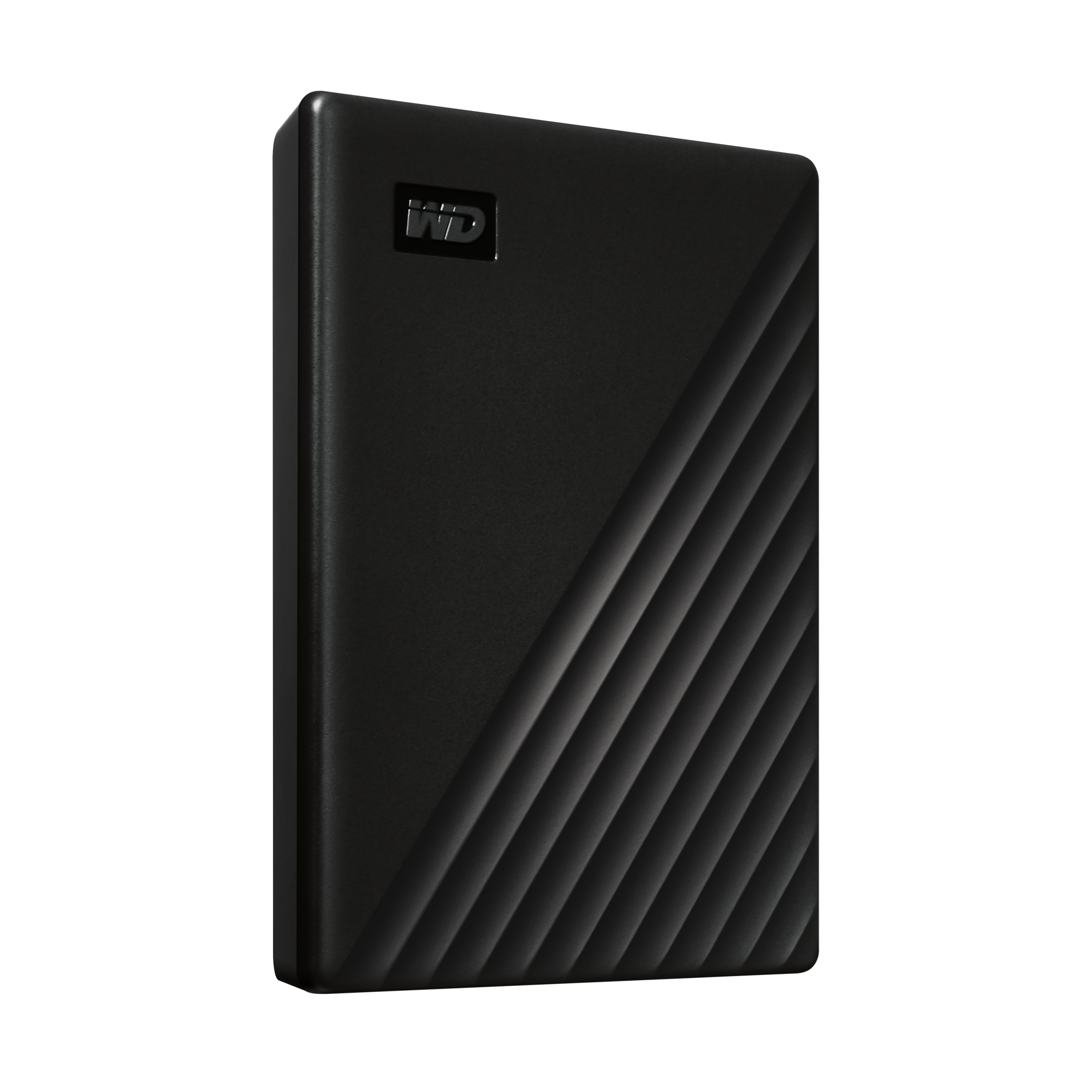 Schwarze externe Festplatte mit diagonaler Rillenmusterung und WD-Logo.