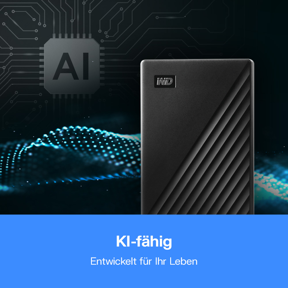 Schwarze externe Festplatte mit KI-Chip und Wellenmuster. Blauer Hintergrund.