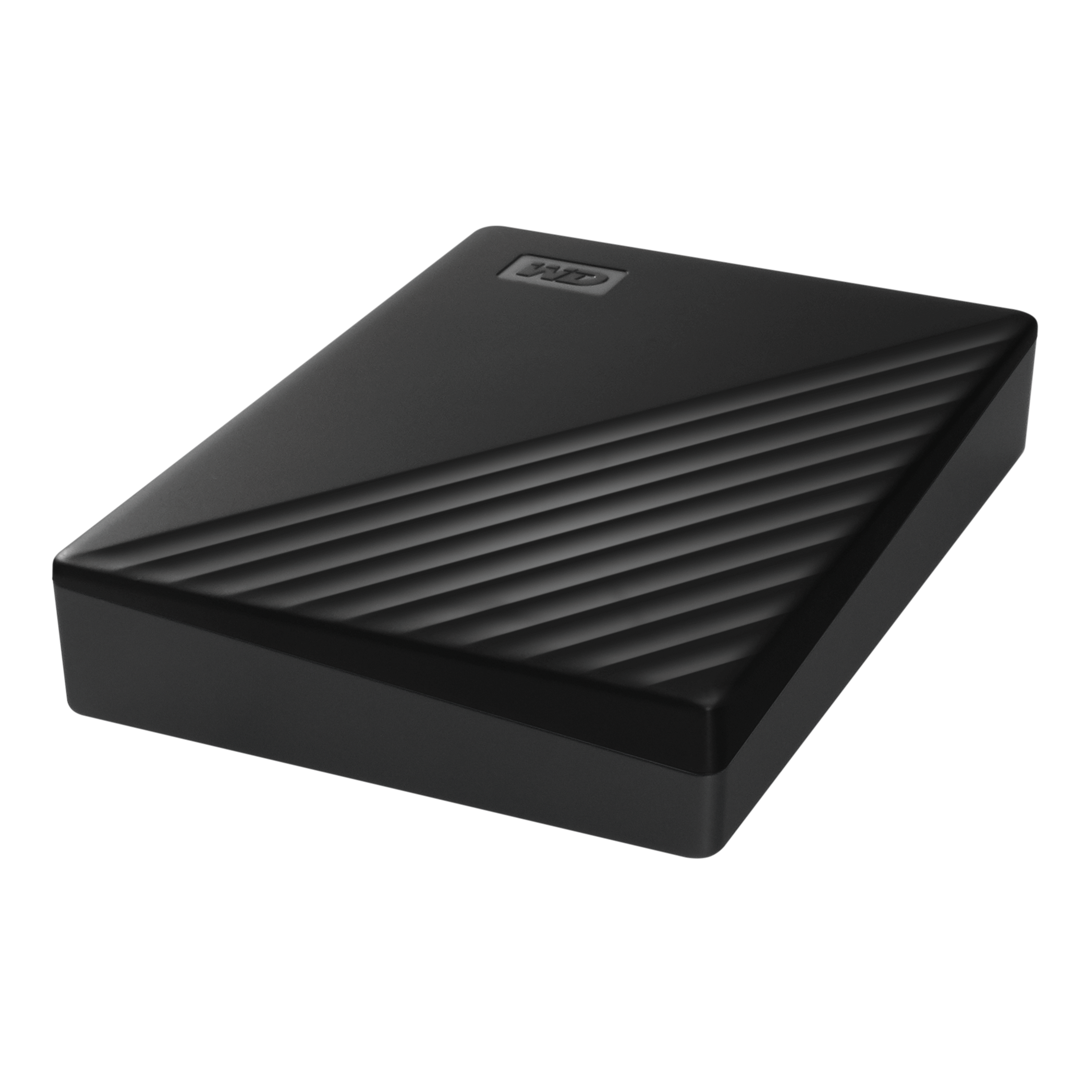 Schwarze externe Festplatte mit gerillter Oberfläche und WD-Logo.