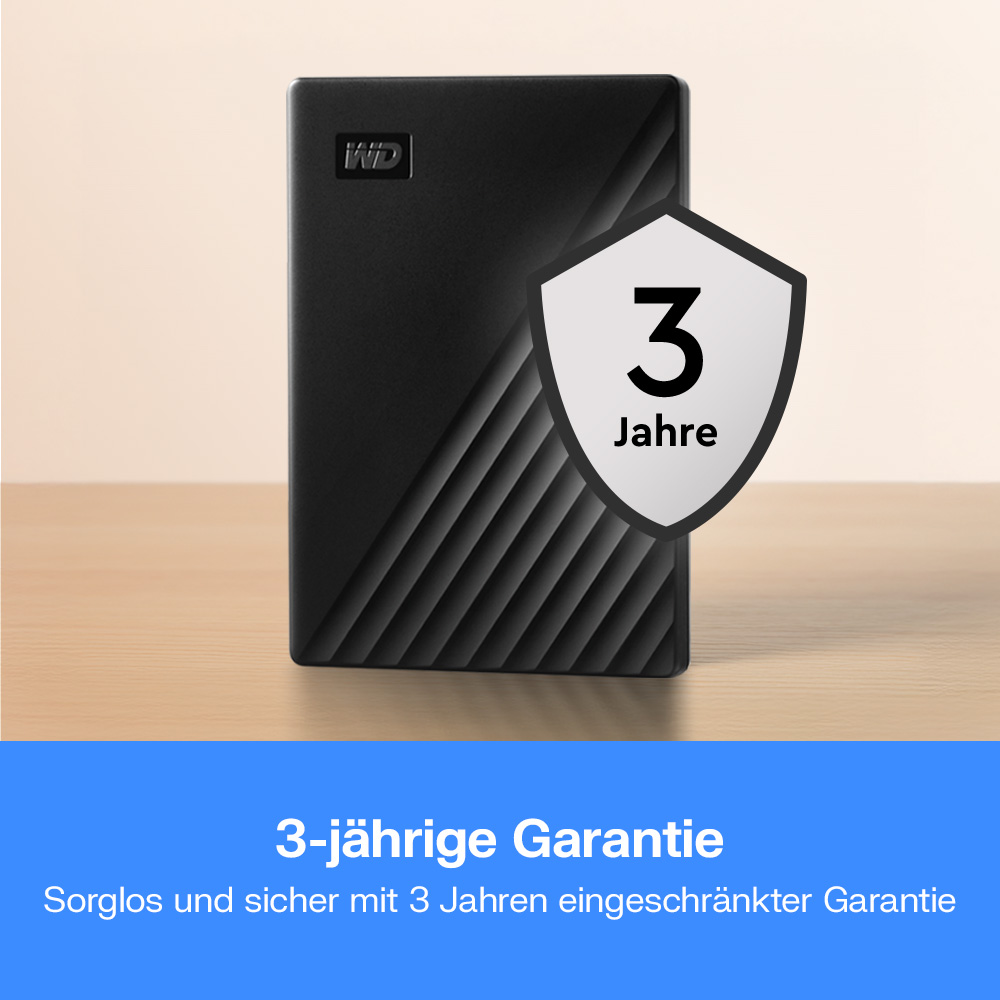 Schwarze externe Festplatte mit 3-Jahres-Garantieschild.