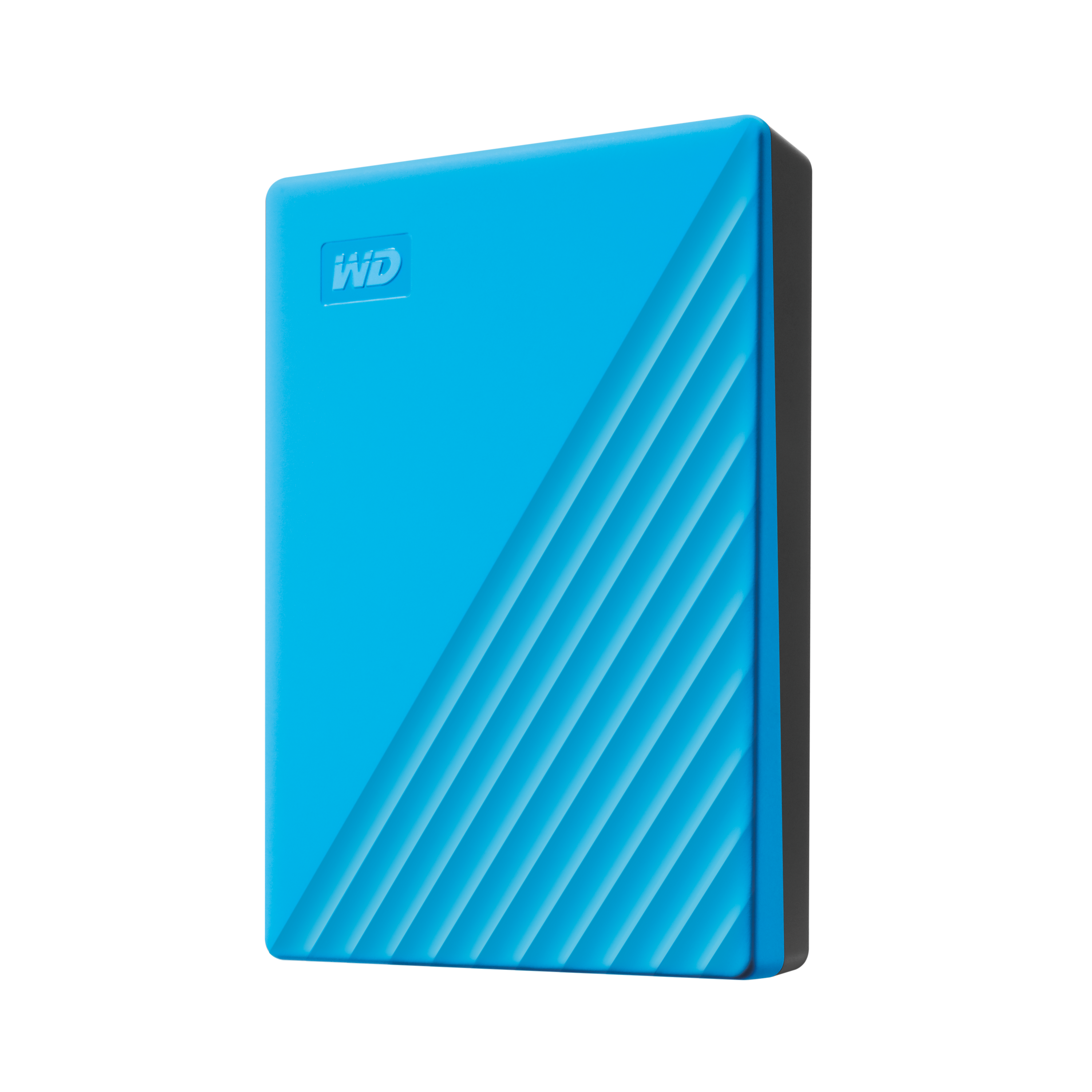 Ein hellblauer WD externer Speicher mit Streifenmuster auf der Vorderseite.