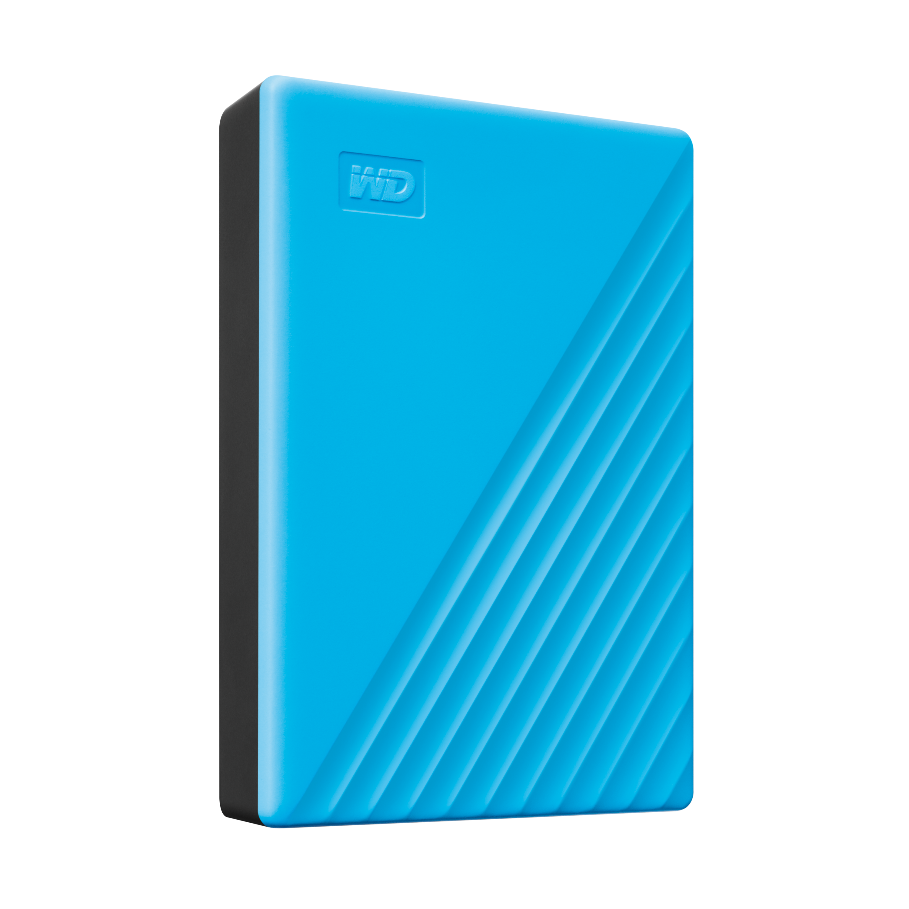 Eine blaue externe Festplatte mit diagonalen Rillen und WD-Logo.