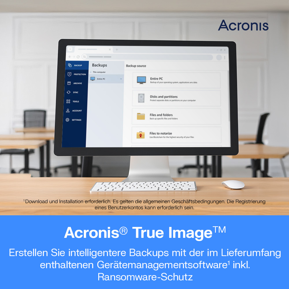 Acronis True Image auf einem Computermonitor, der Backup-Optionen anzeigt.