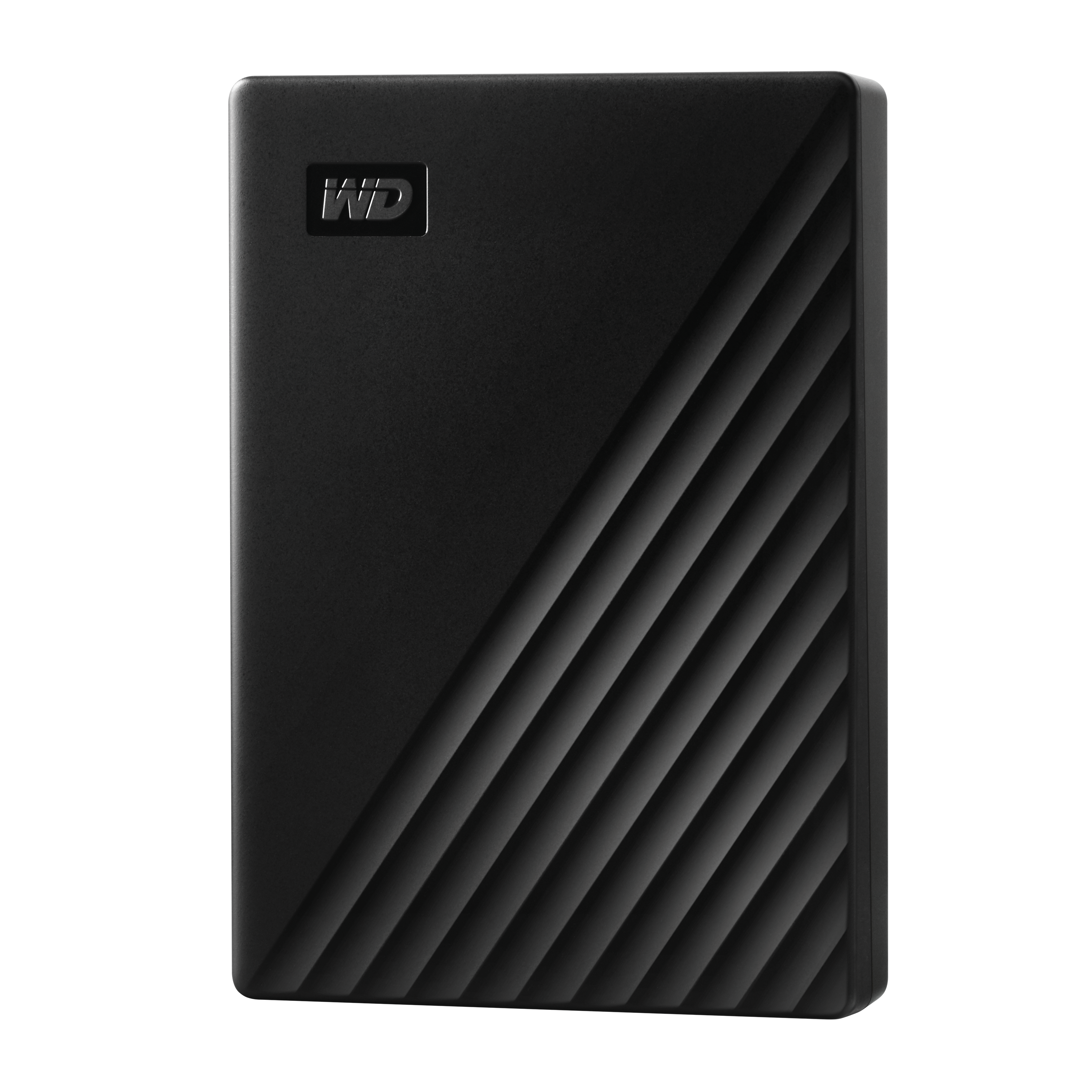 Schwarze externe Festplatte mit geriffeltem Design und WD-Logo.