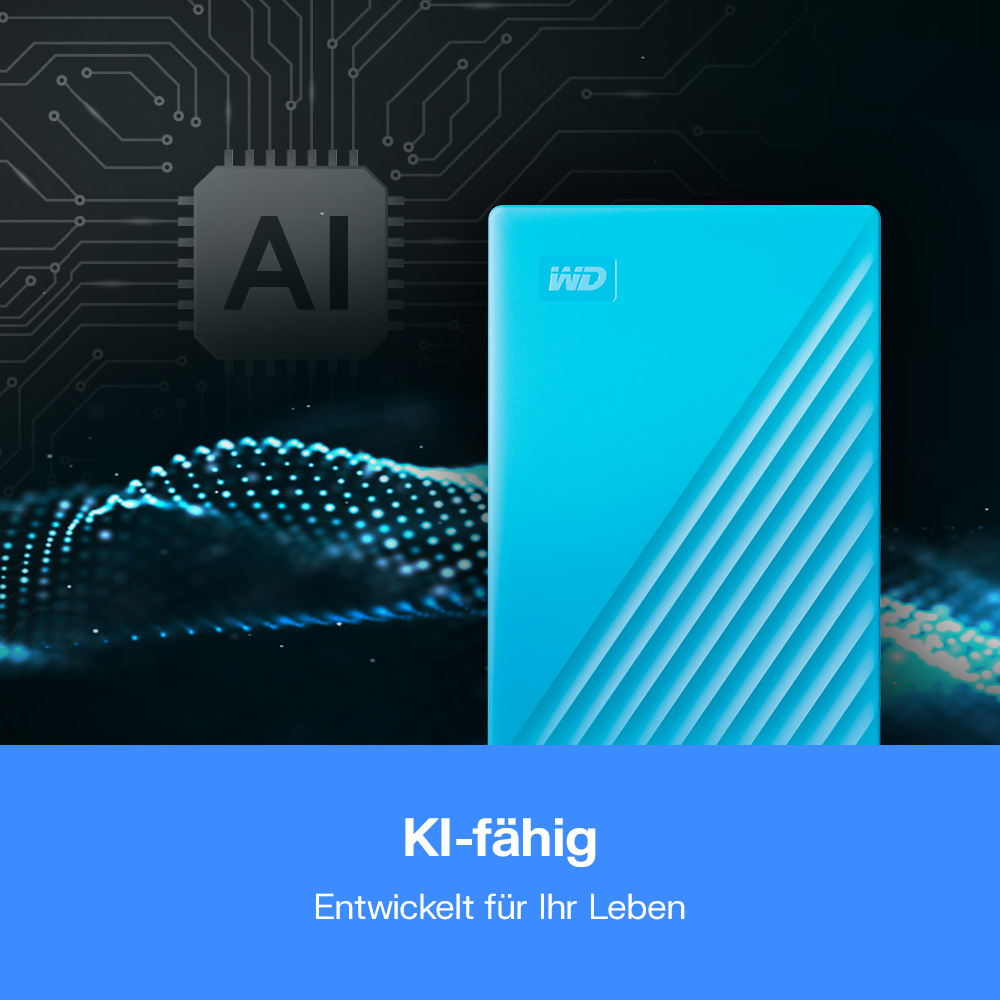 Blauer WD My Passport Laufwerk vor KI-Chip und Datenstrom. KI-fähig.