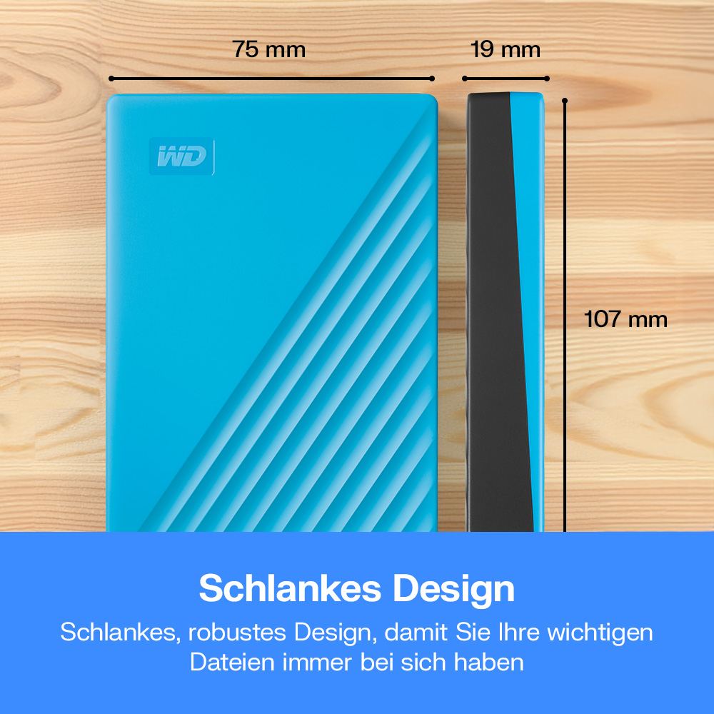 Ein blaues WD Festplattengehäuse mit Maßen 75x107x19 mm.