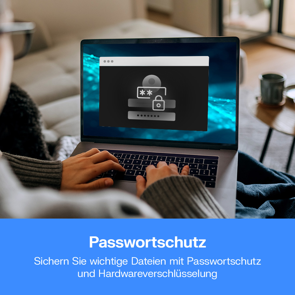 Person tippt auf Laptop mit Passwort-Login-Bildschirm und Schloss-Symbol.