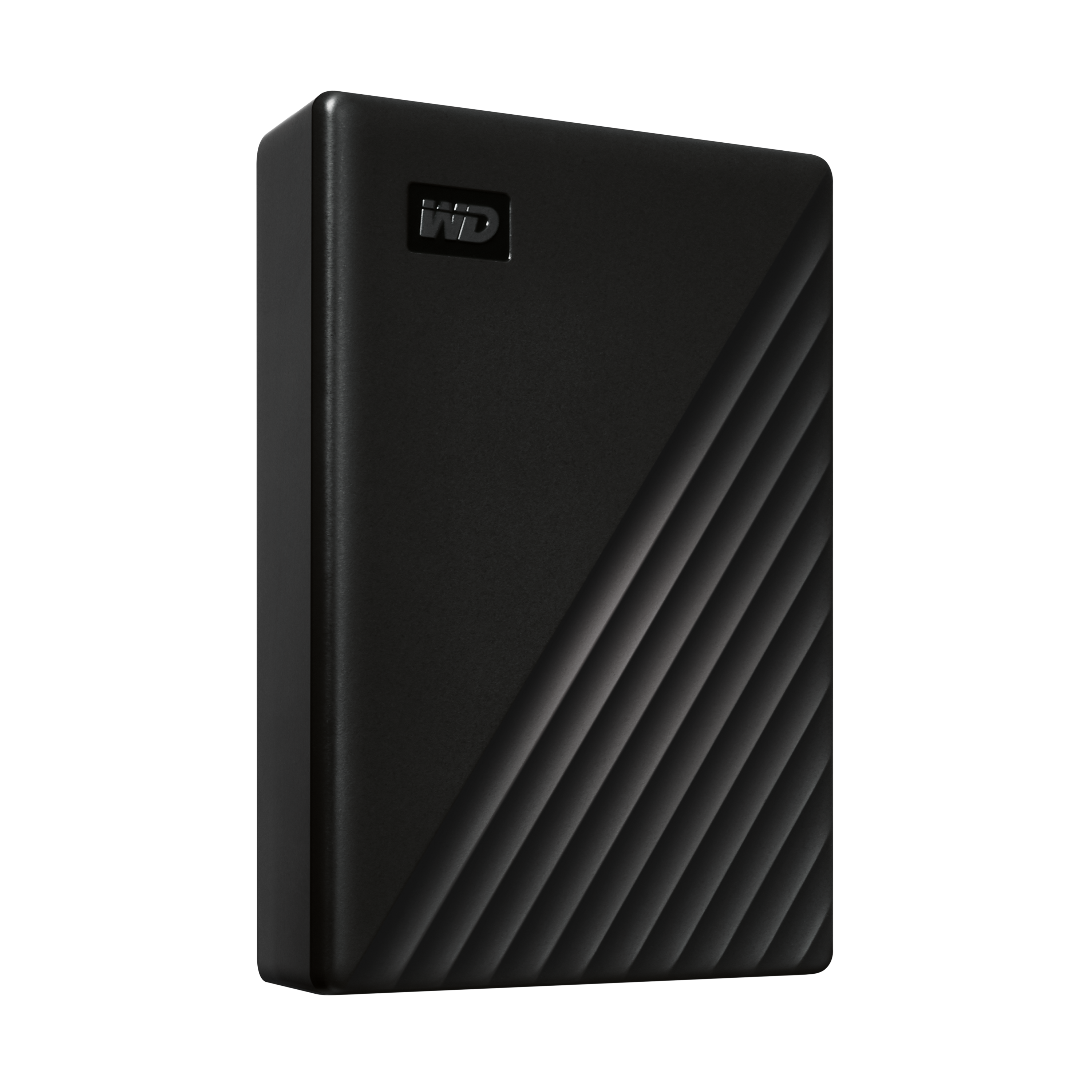 Schwarze externe Festplatte mit geriffeltem Design und WD-Logo.
