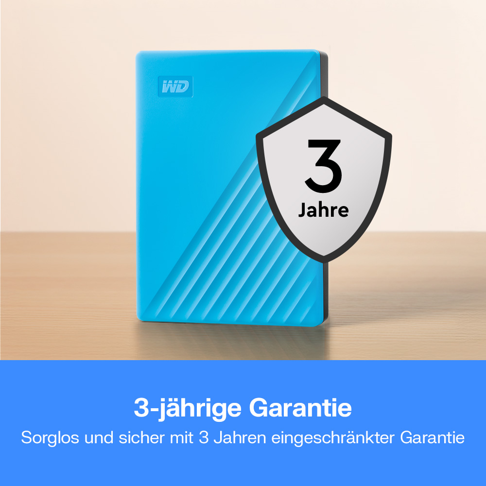 Ein blauer WD-Festplattenspeicher mit einem Schild und der Aufschrift '3 Jahre'.
