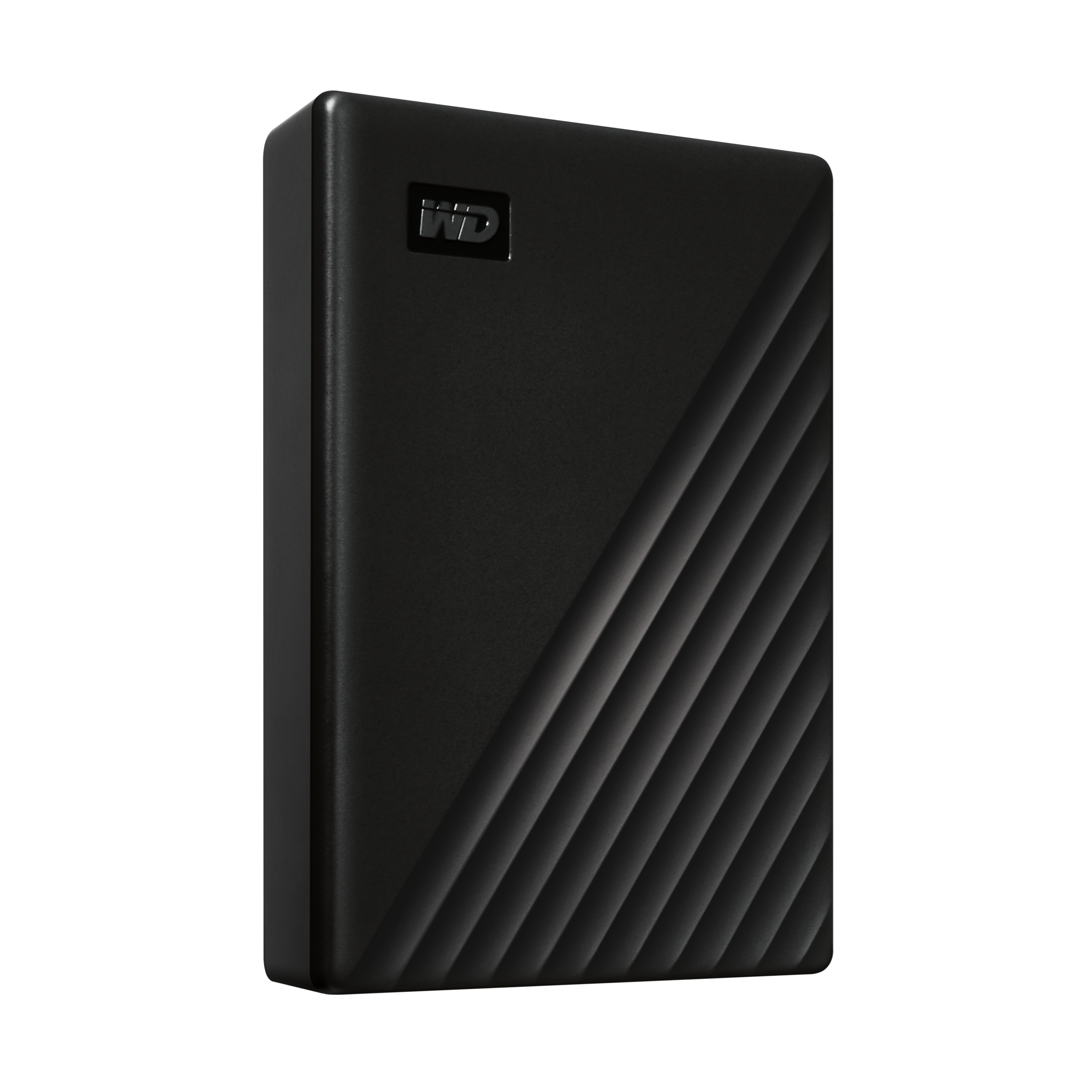 Schwarze externe Festplatte mit gerilltem Design und WD-Logo.