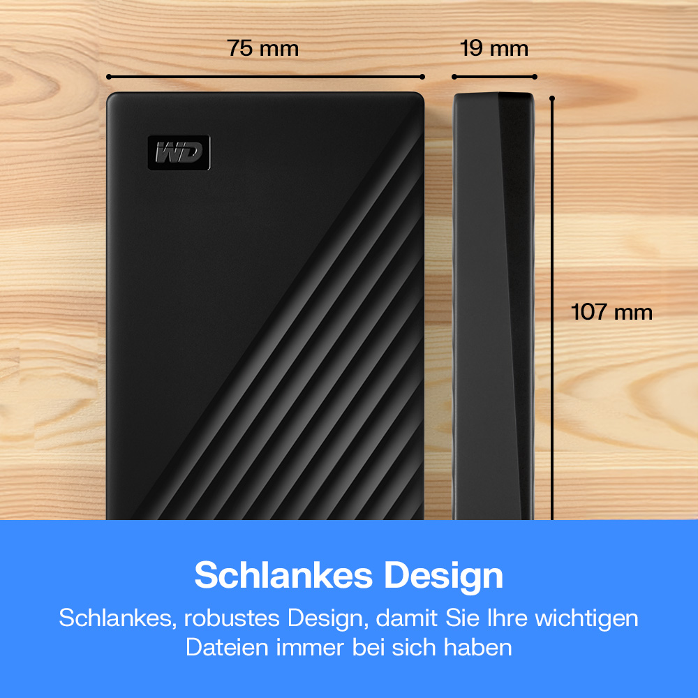 Schwarze WD externe Festplatte, 75x107x19mm, mit Lamellendesign.