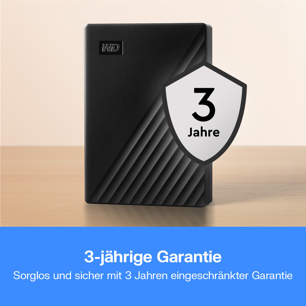 Schwarze externe Festplatte mit 3 Jahre Garantie-Siegel.