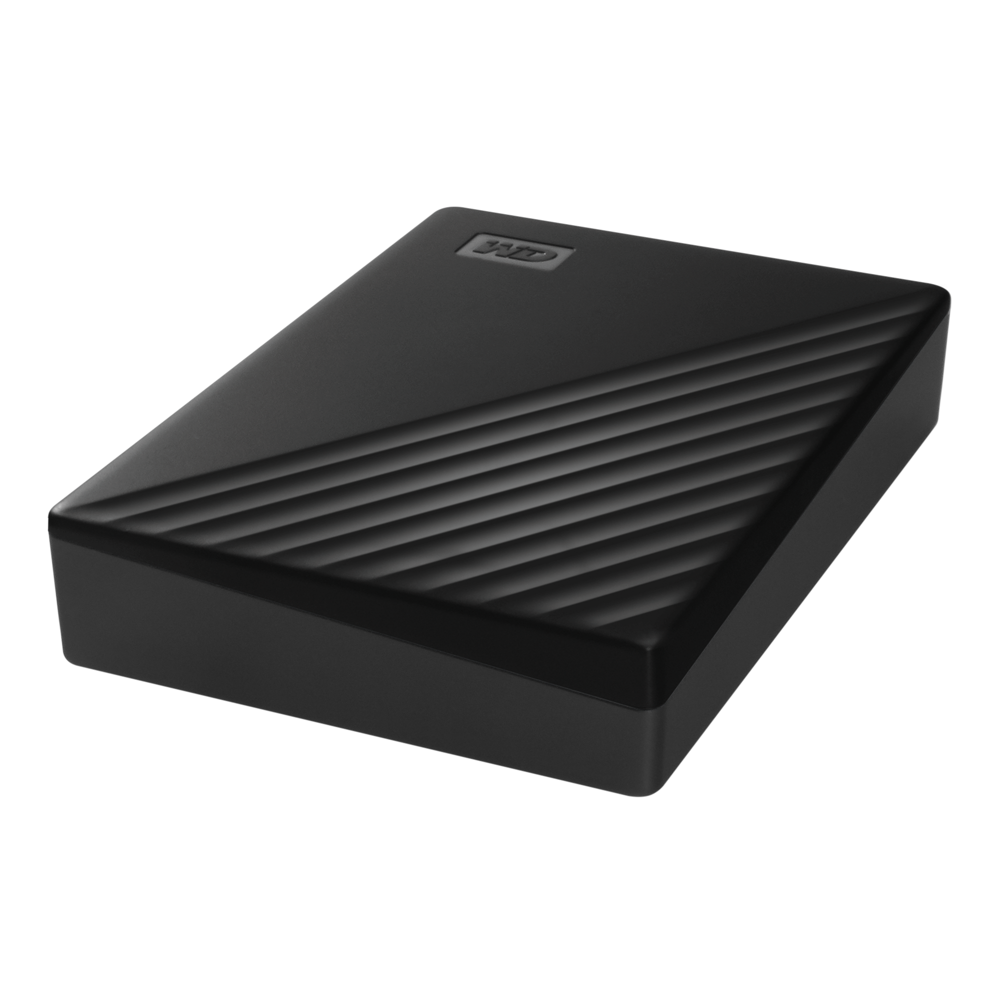 Schwarze externe Festplatte mit gerippter Oberseite und WD-Logo.