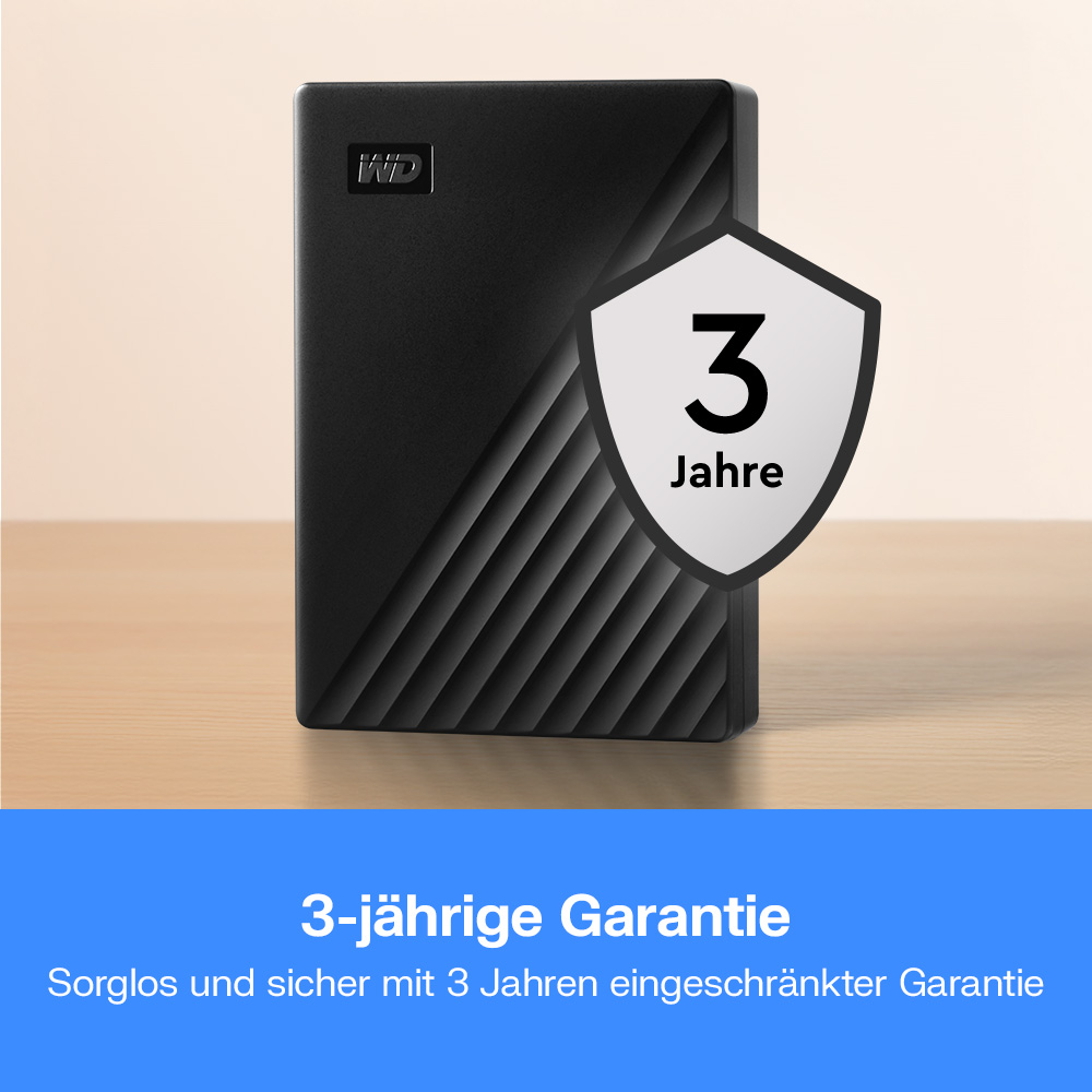 Schwarze externe Festplatte mit WD-Logo und einem Schild mit '3 Jahre'.