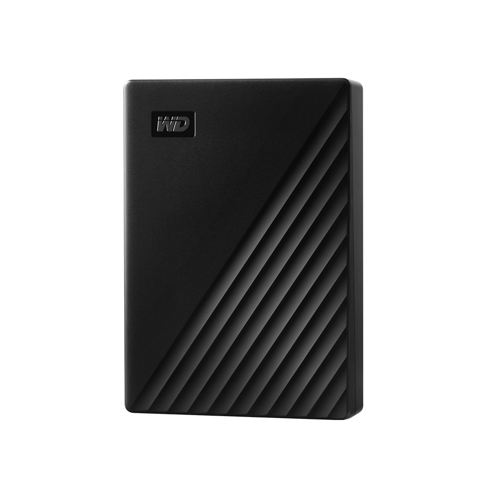 Schwarze externe Festplatte mit schrägem Rippendesign und WD-Logo.