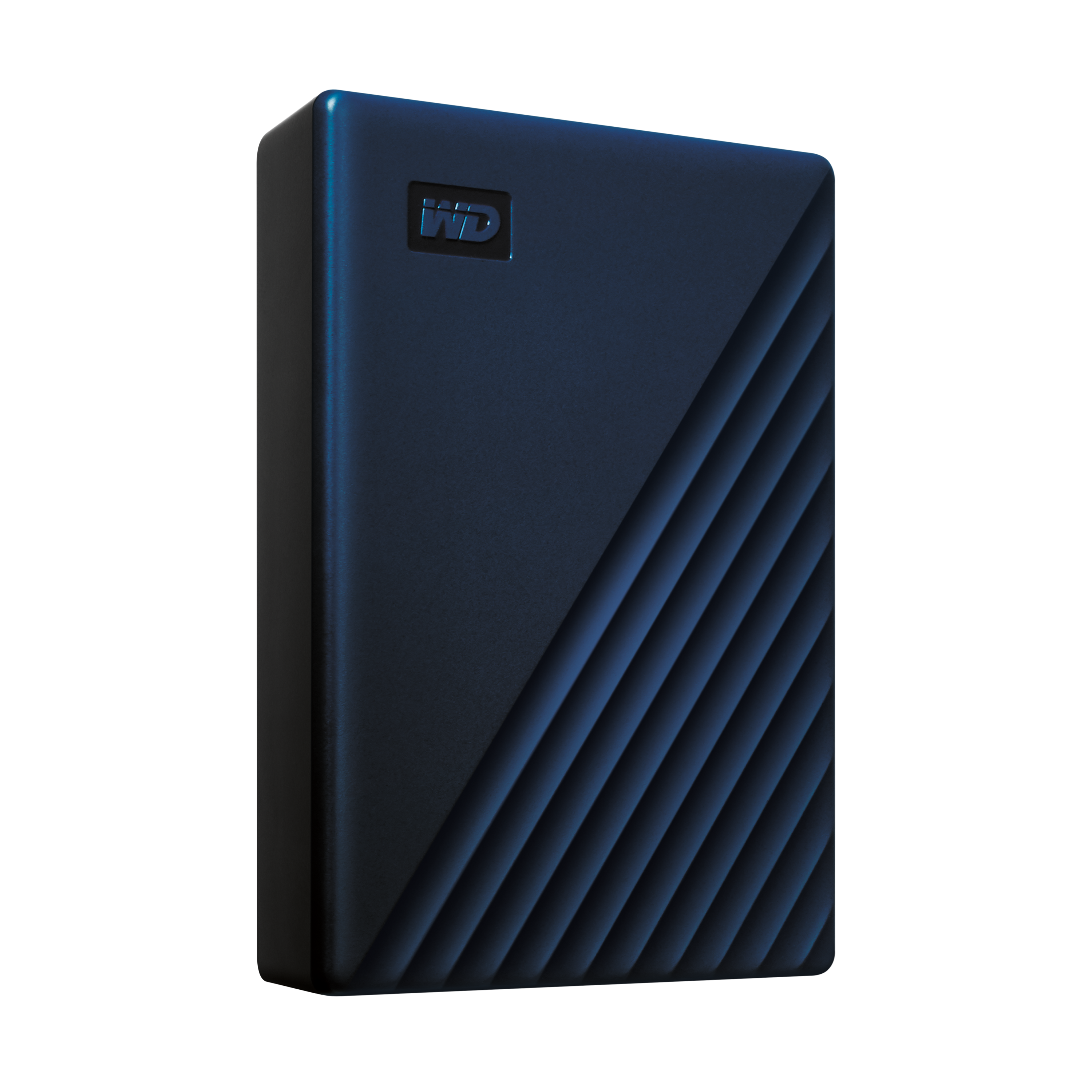 Dunkelblaue externe Festplatte mit WD-Logo und diagonalen Rillen.