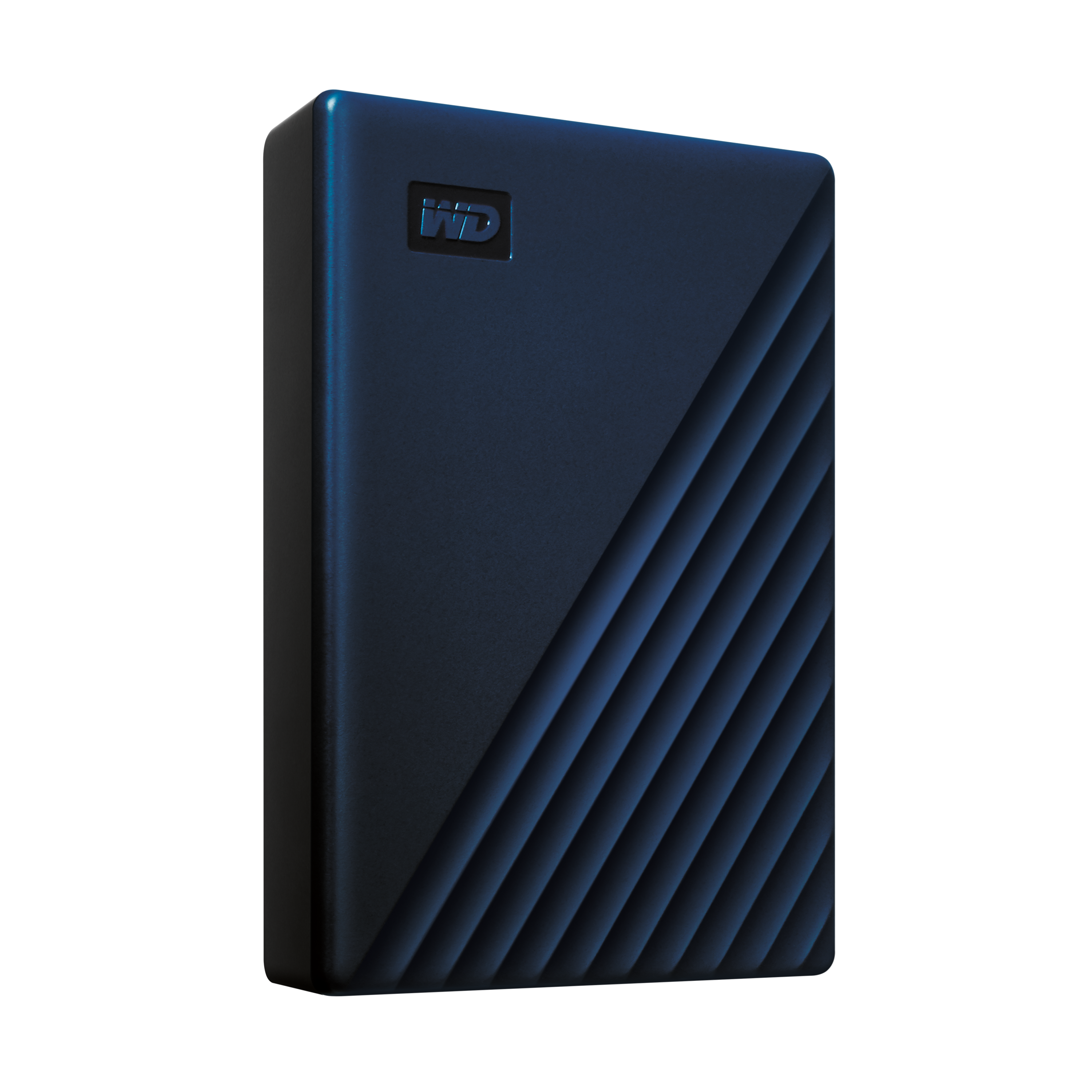Dunkelblaue externe Festplatte mit gerilltem Design und WD-Logo.