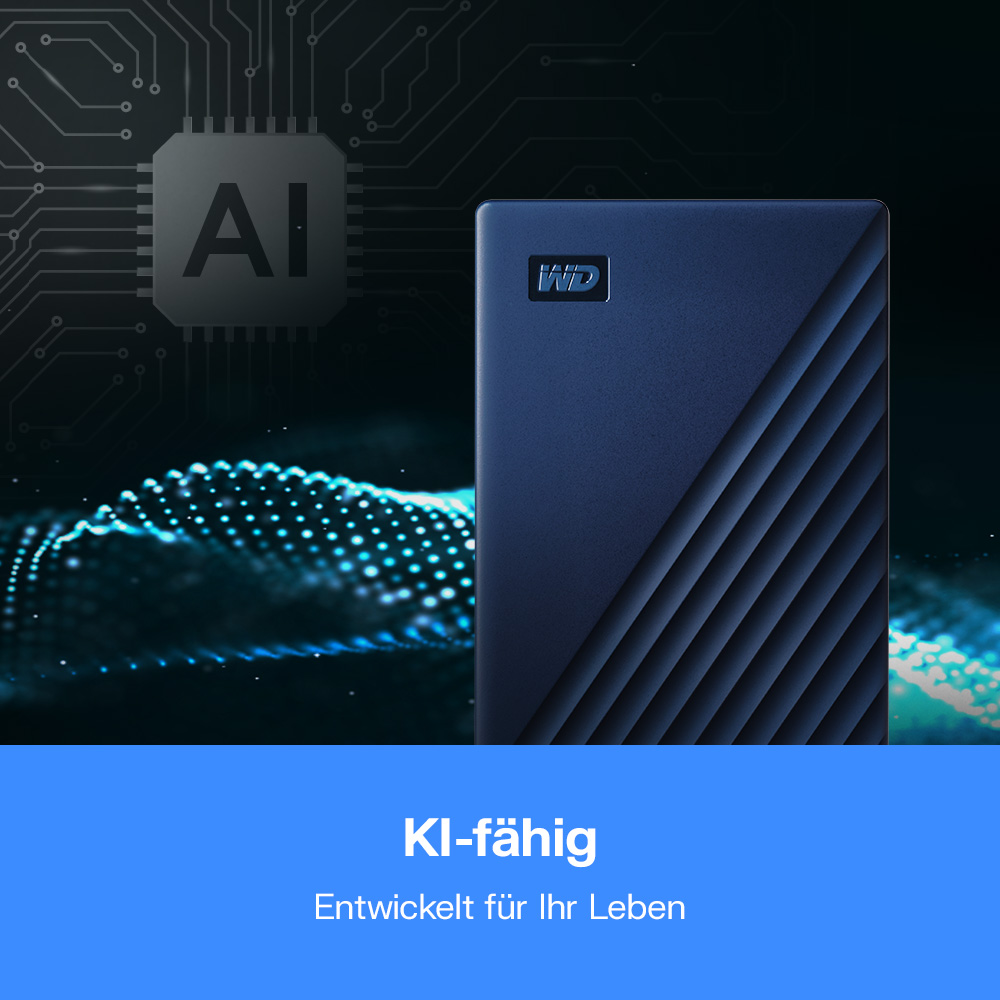 Eine KI-feste Festplatte mit blauer WD-Oberfläche, umgeben von digitaler Technologie.