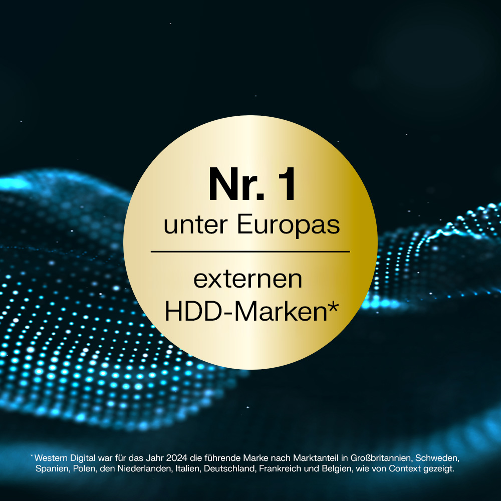 Goldene Scheibe mit "Nr. 1 unter Europas externen HDD-Marken" auf blauem Hintergrund.