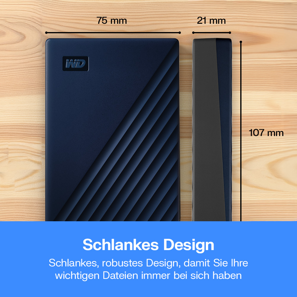 Dunkelblauer WD-Festplattenspeicher mit Abmessungen 75x21x107mm auf Holzgrund.