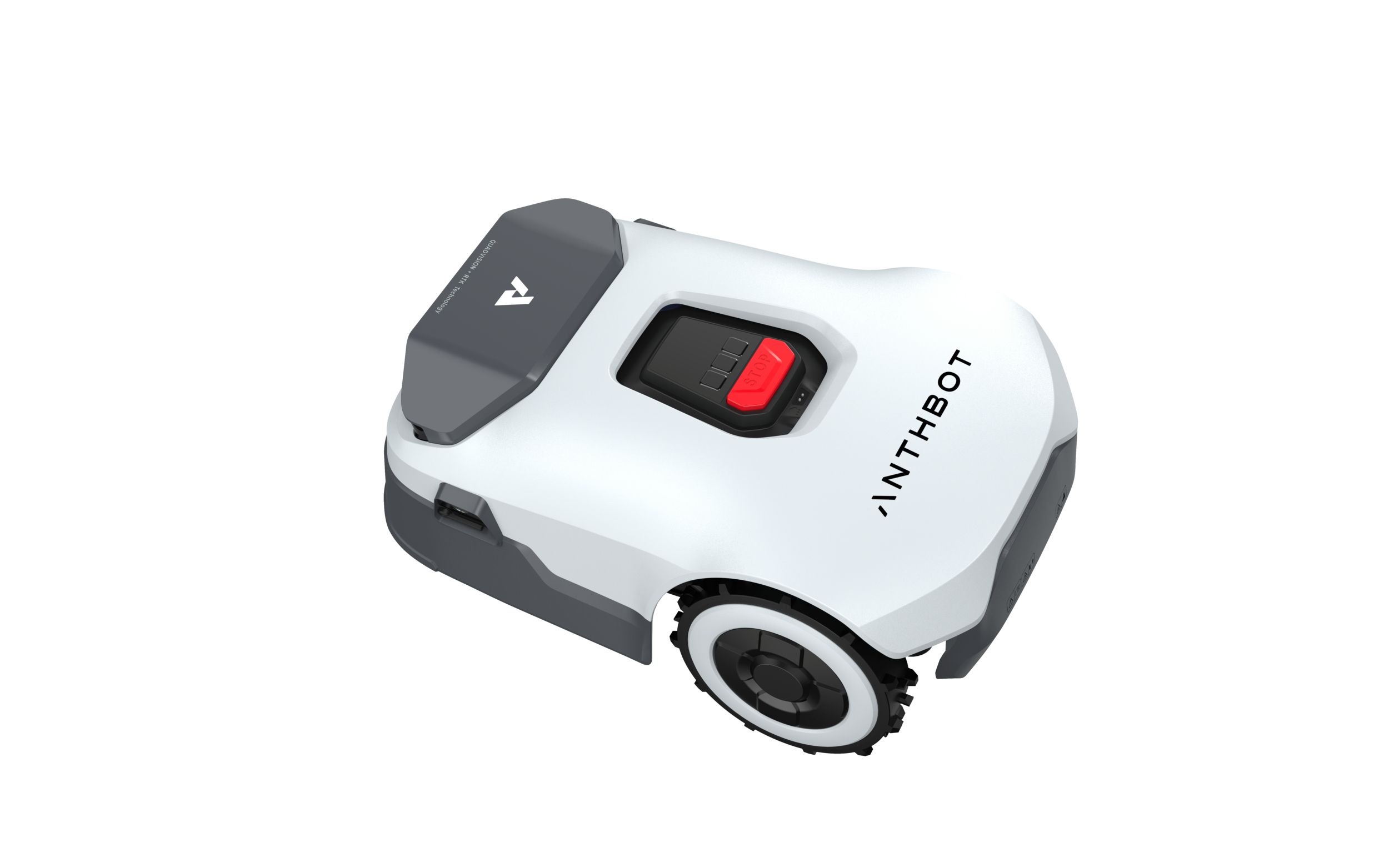 Ein weißer Mähroboter mit grauen Akzenten und einem roten Stoppknopf.
