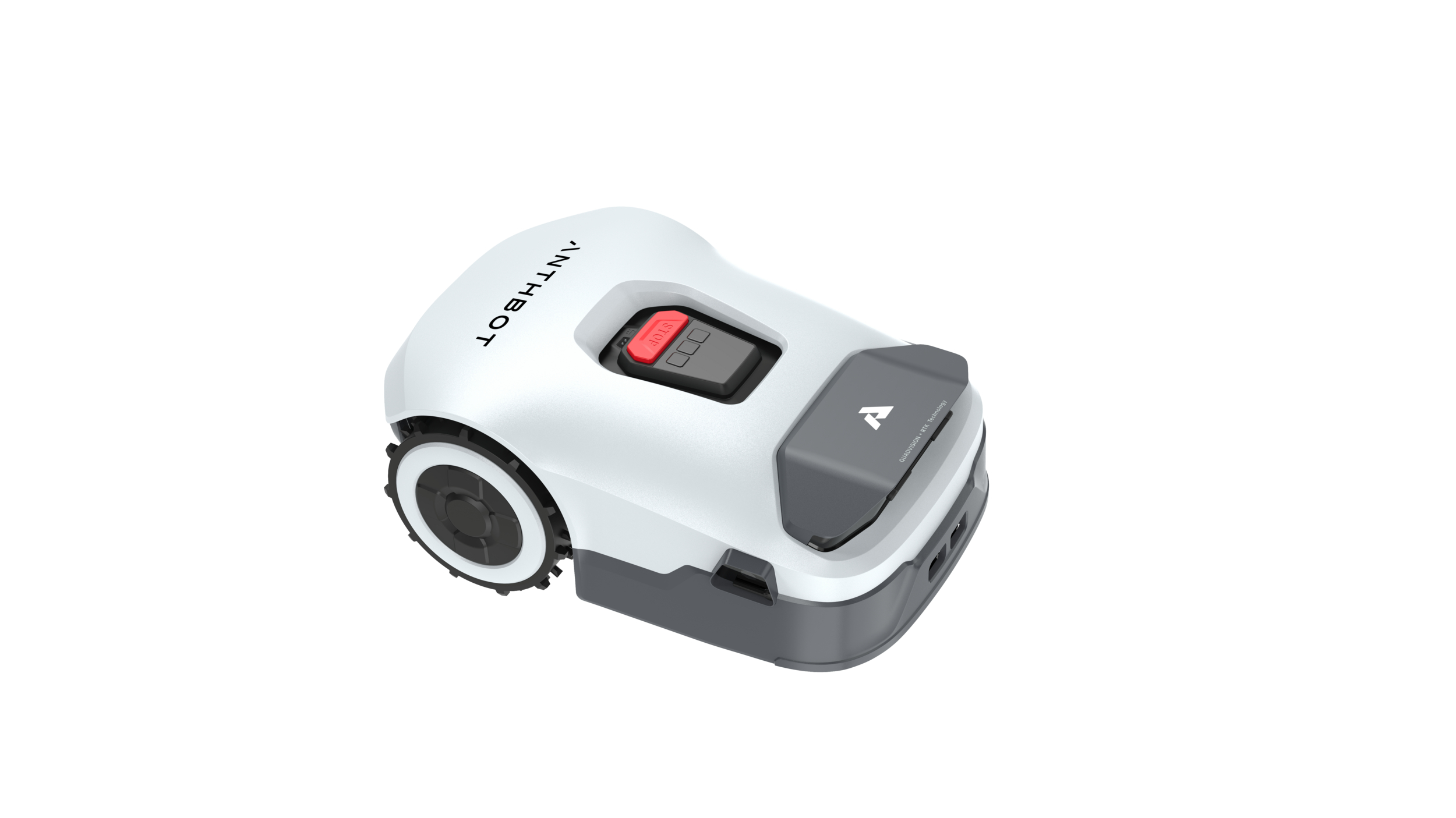 Ein weißer Mähroboter mit grauen Akzenten und einem roten Stoppknopf steht auf weißem Grund.