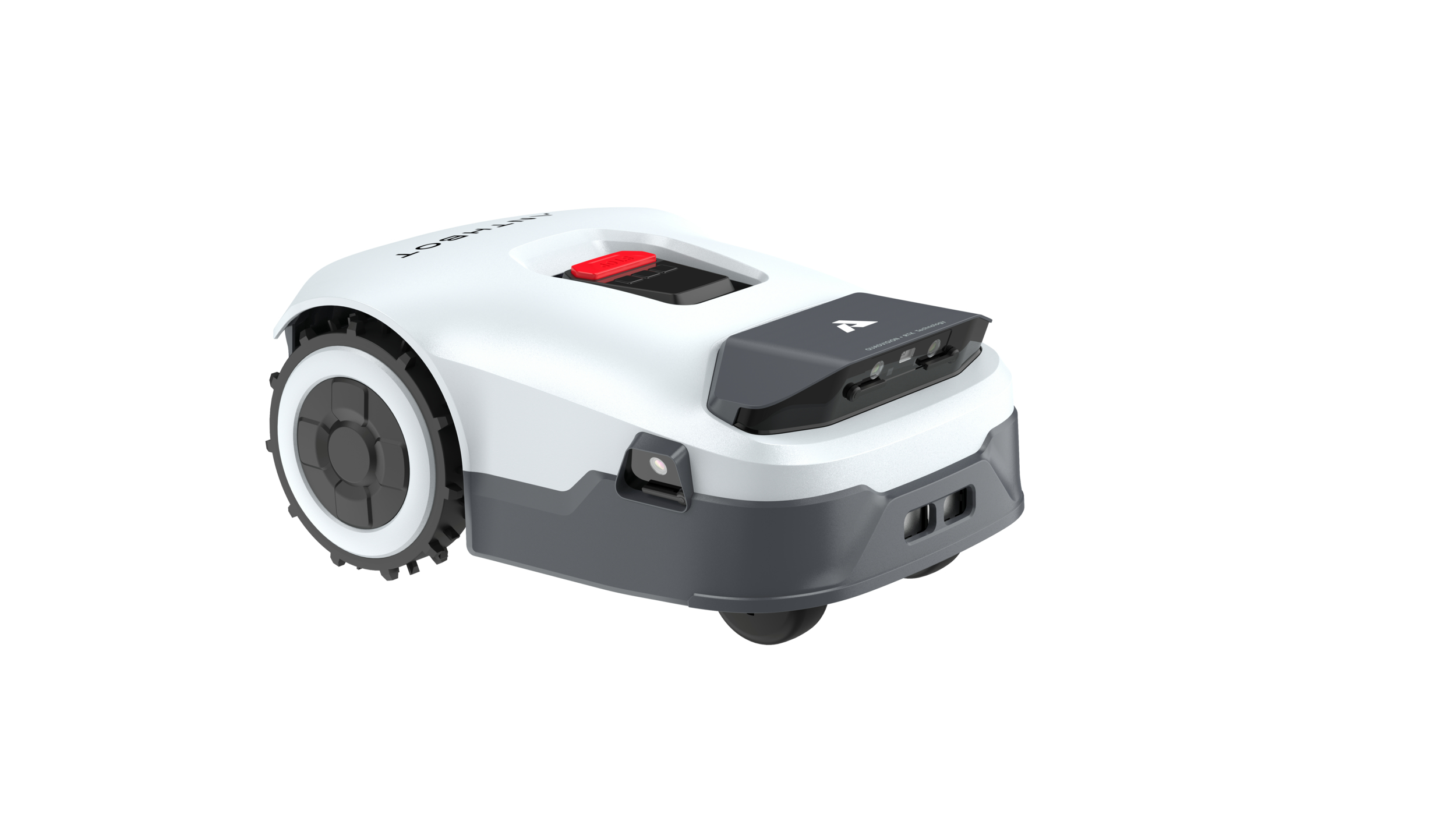 Ein weißer und grauer Rasenmähroboter mit schwarzen Rädern und einem roten Knopf.