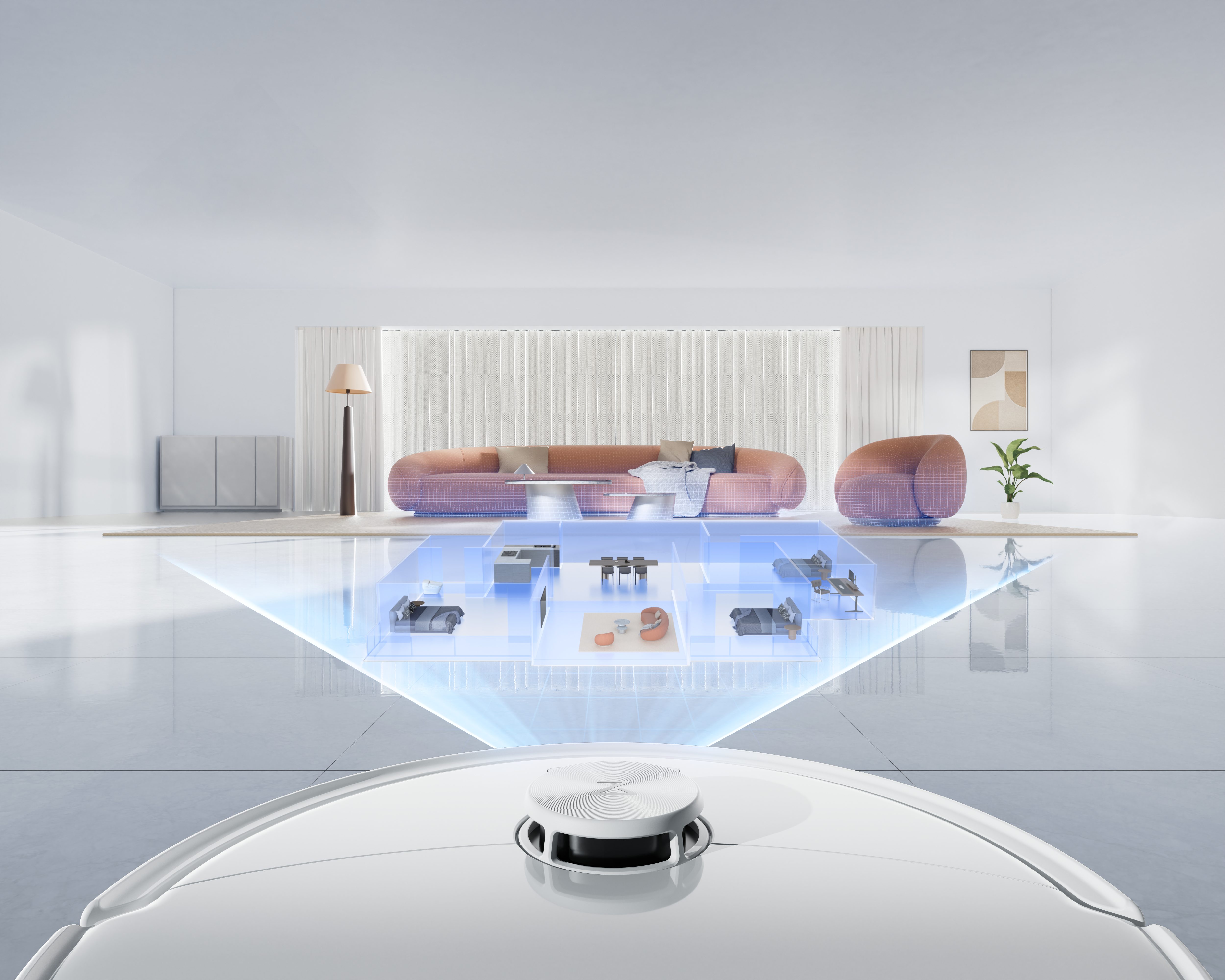 Ein weißer Saugroboter scannt ein virtuelles Hauslayout mit Möbeln.