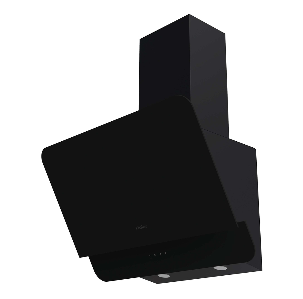 Kontrol panelli ve ışıklı siyah Haier davlumbaz.