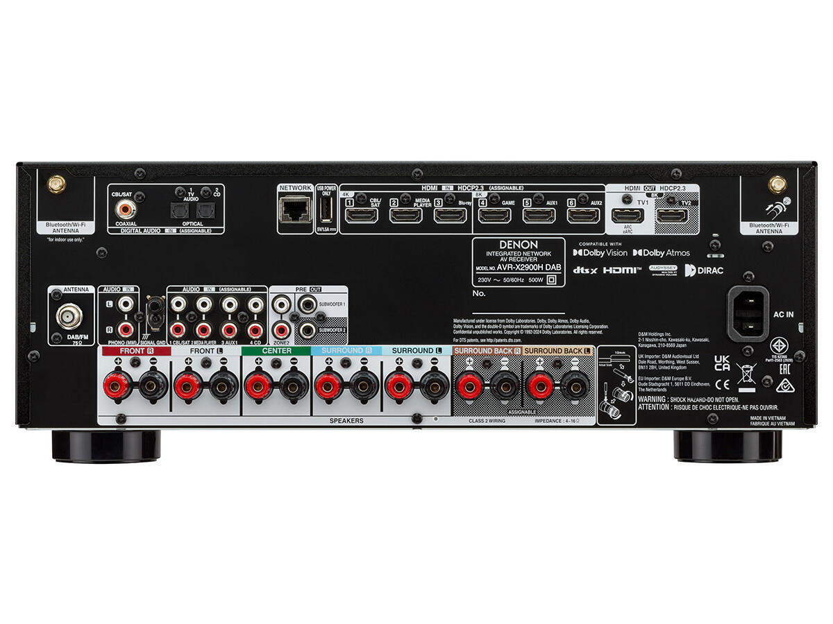 AV-vevő hátulja csatlakozókkal: HDMI, USB, hálózat, audio, antenna és hangszórók.