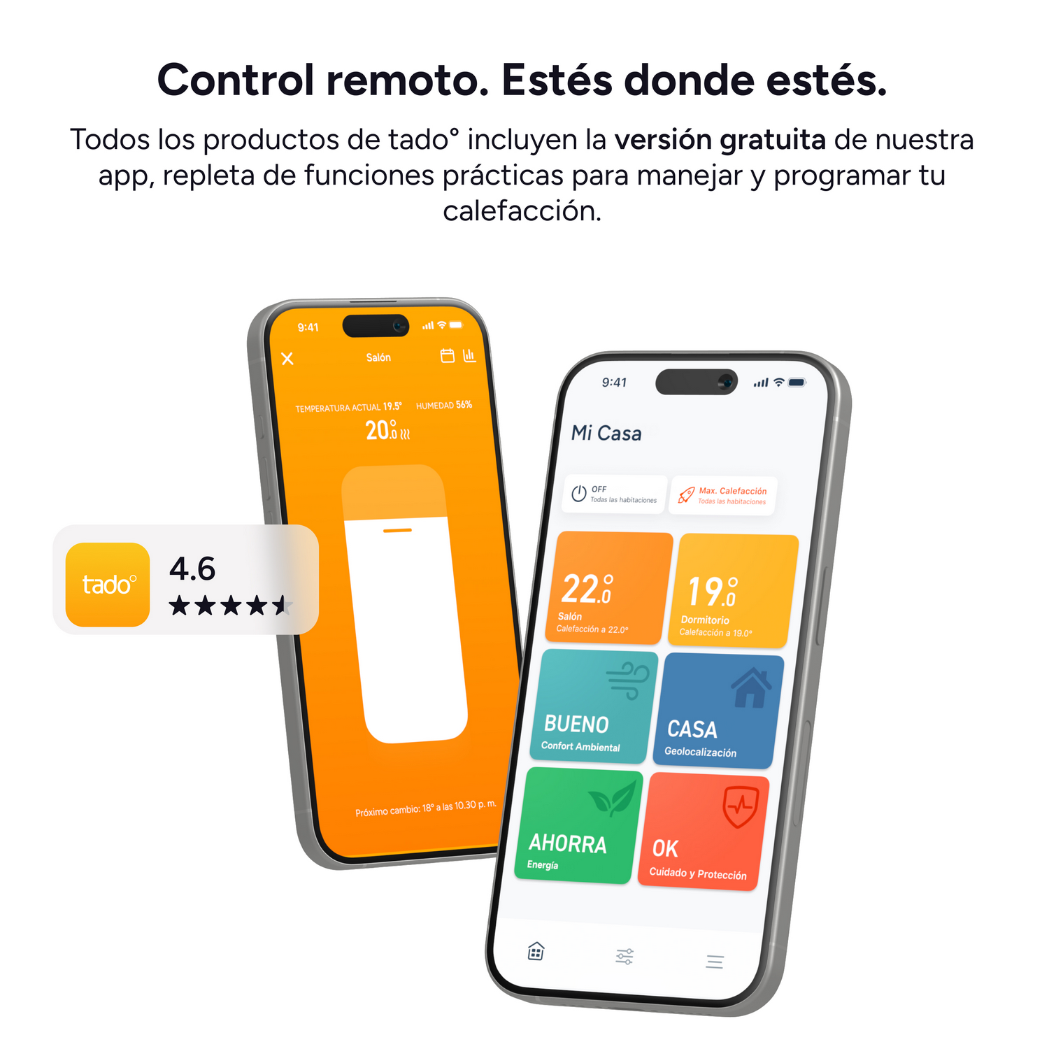 Dos smartphones muestran la app Tado con control de calefacción y temperaturas.