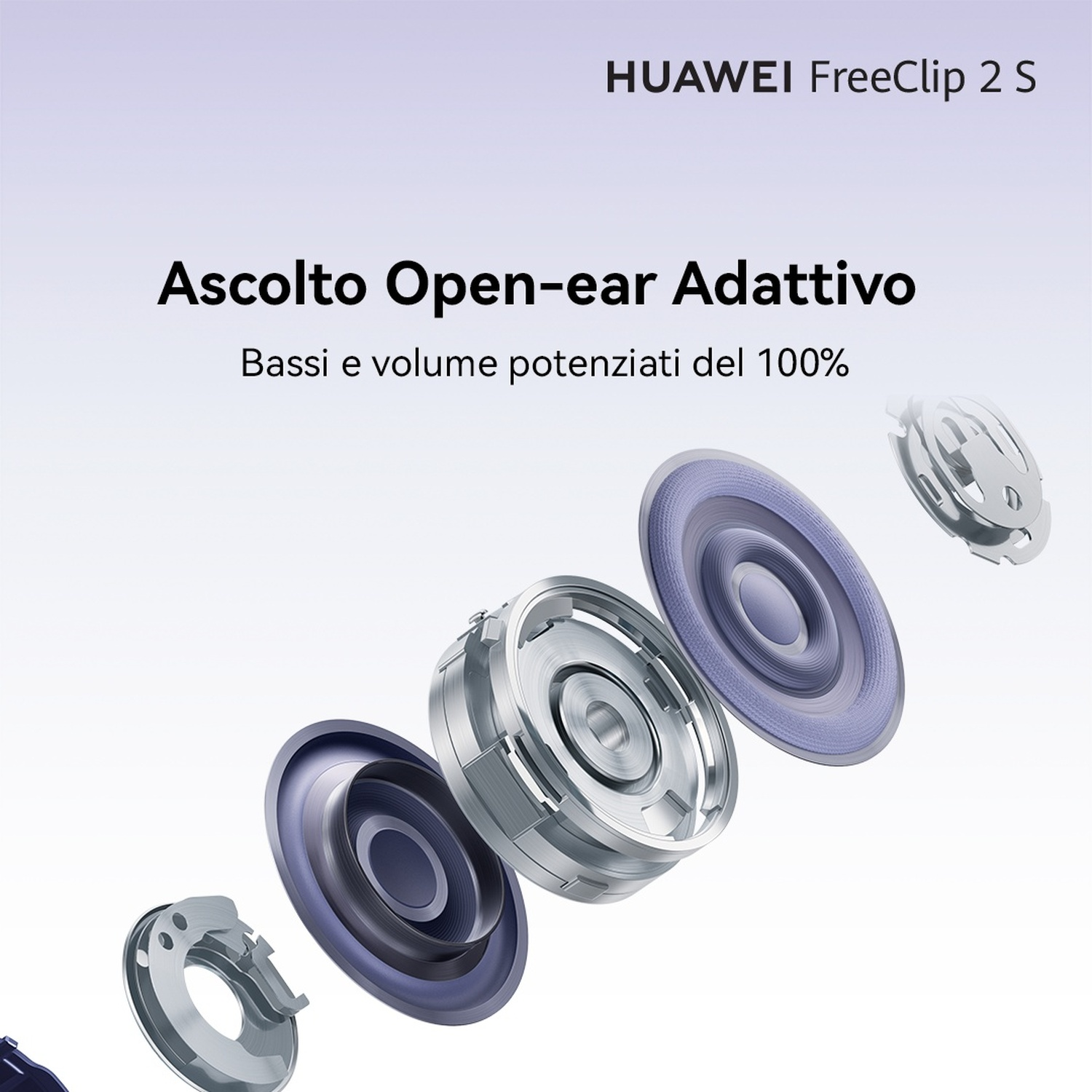 Vista esplosa dei componenti auricolari HUAWEI FreeClip 2 S in argento e blu.