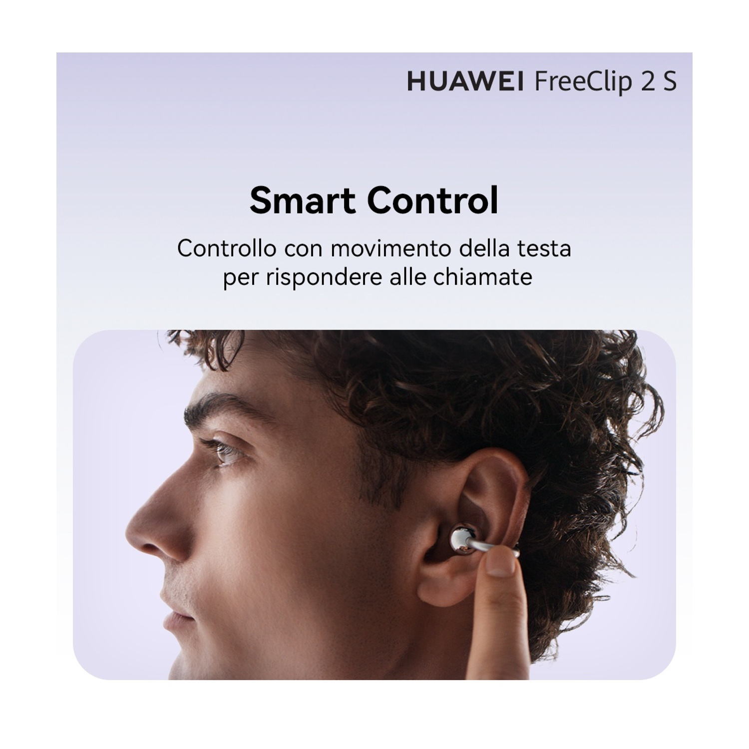 Uomo con auricolari Huawei FreeClip 2 S controllati da movimenti della testa.