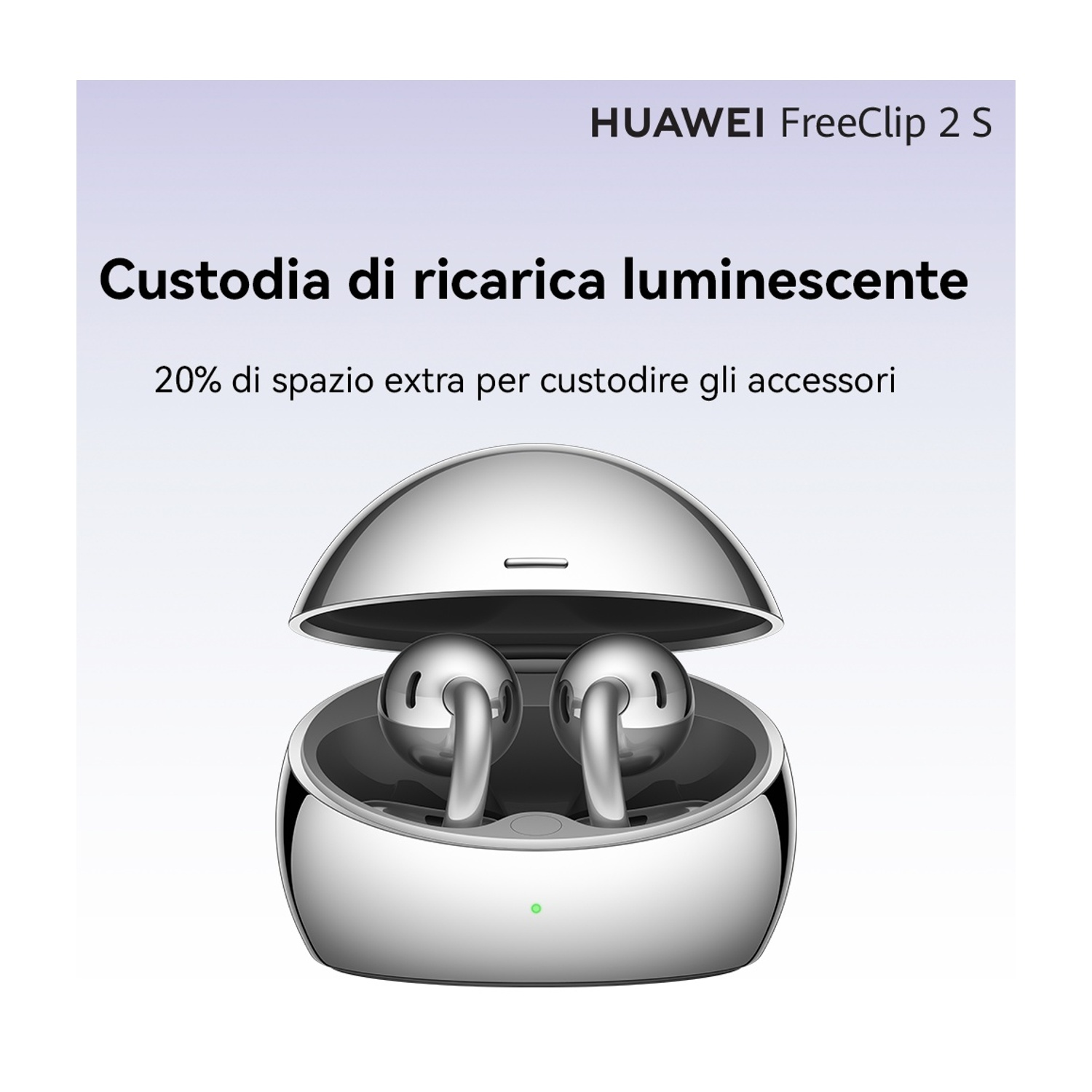 Auricolari HUAWEI FreeClip 2 S in custodia di ricarica argentata lucida. Testo: Custodia ricarica luminescente.