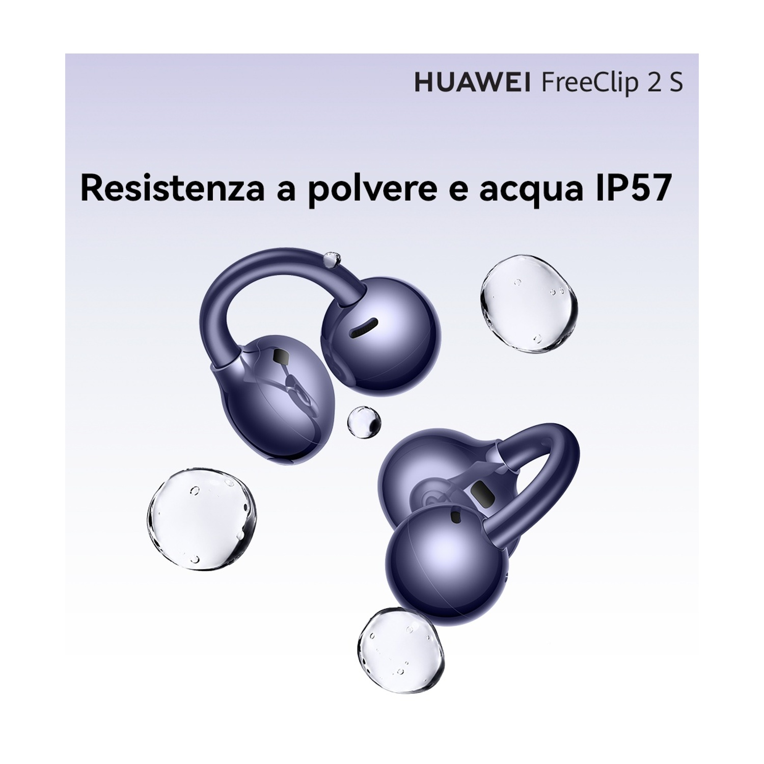 Auricolari HUAWEI FreeClip 2 S con gocce d'acqua, resistenza IP57 a polvere e acqua.