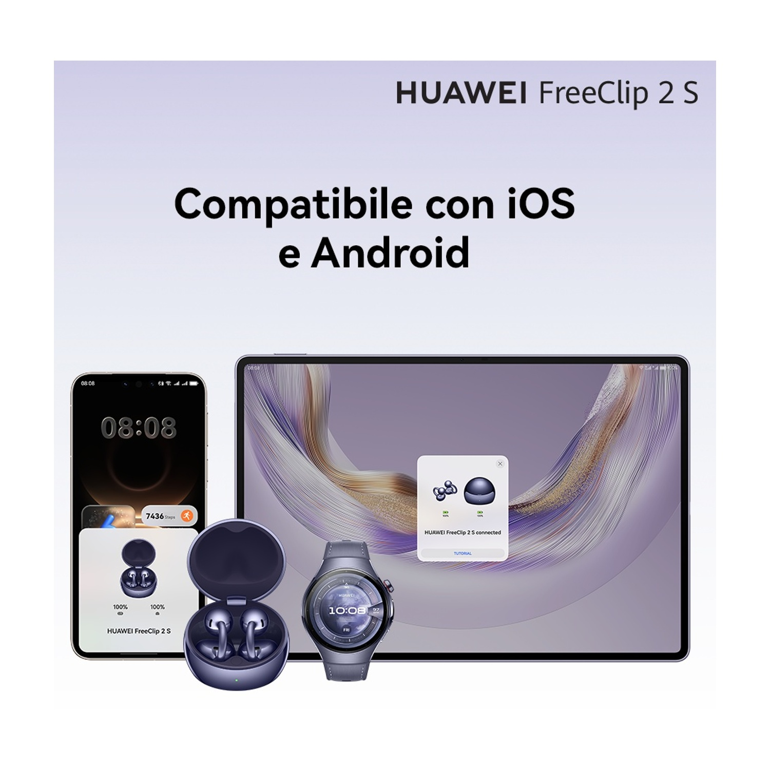Huawei FreeClip 2 S con smartphone, tablet e smartwatch. Compatibile iOS/Android.