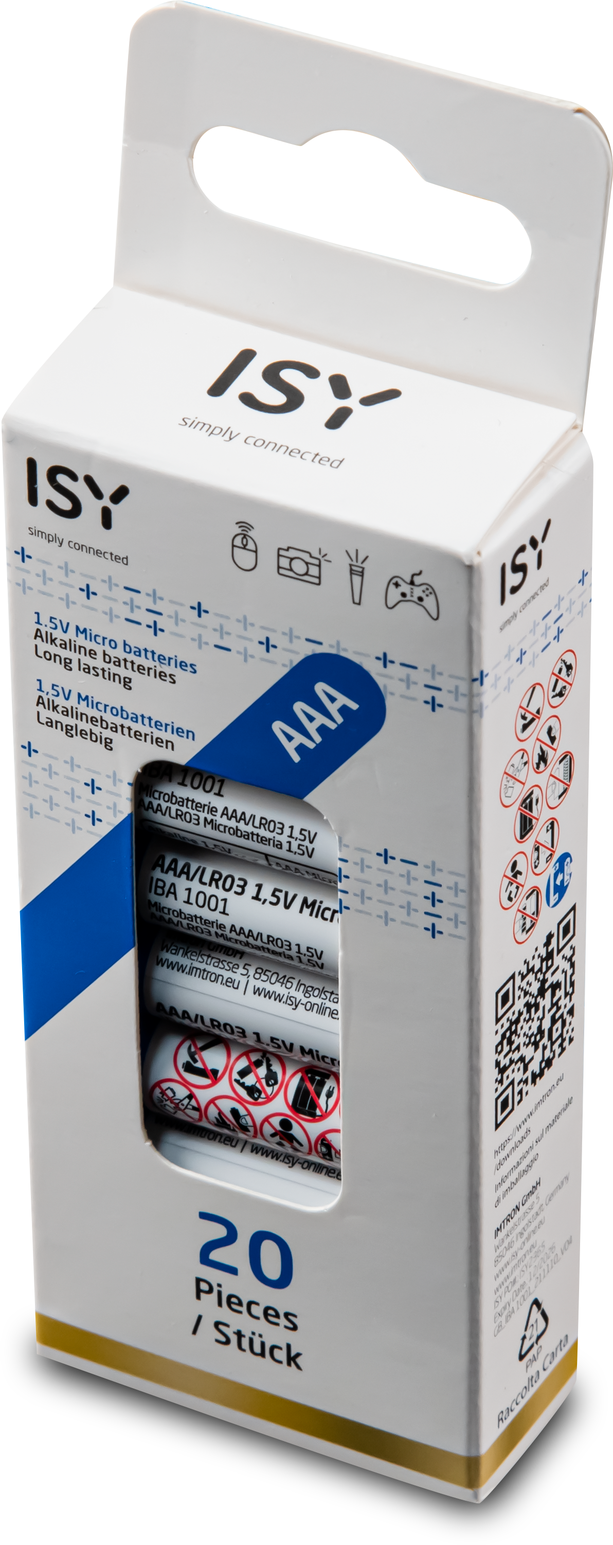 Boîte de 20 piles AAA, marque ISY, avec symboles d'avertissement et code QR.