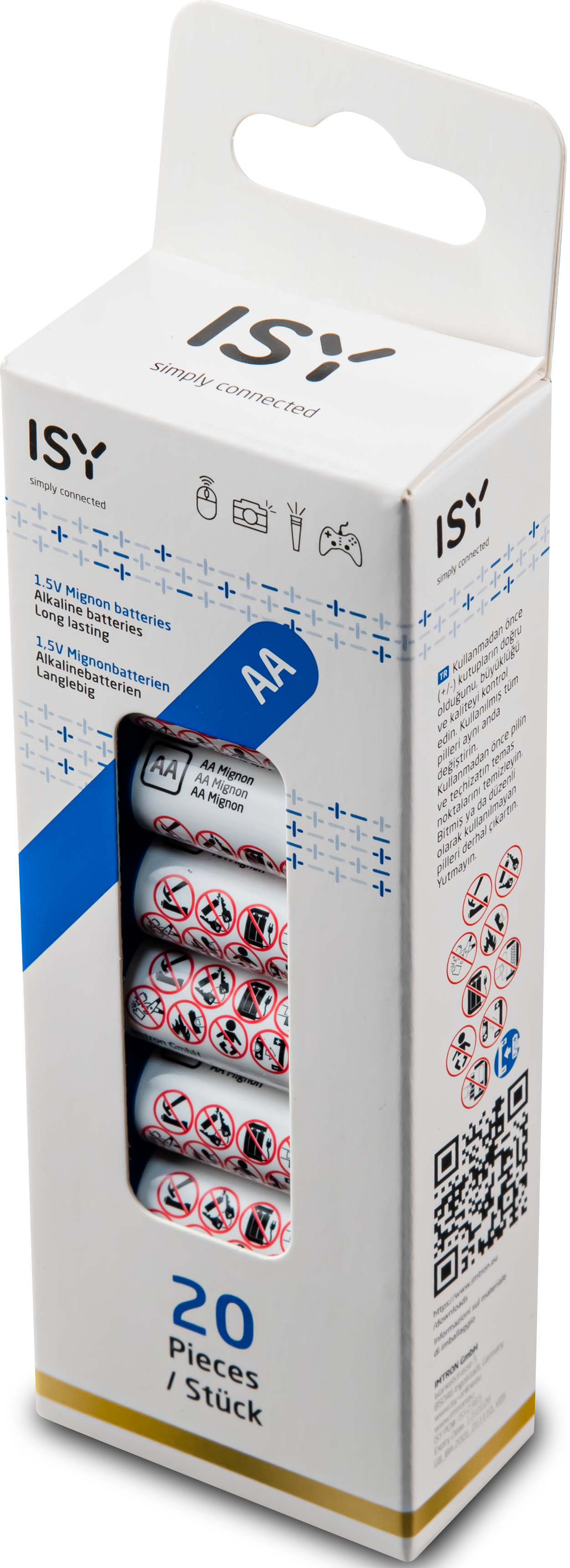 Emballage de 20 piles AA Mignon, blanc avec symboles bleus et rouges.