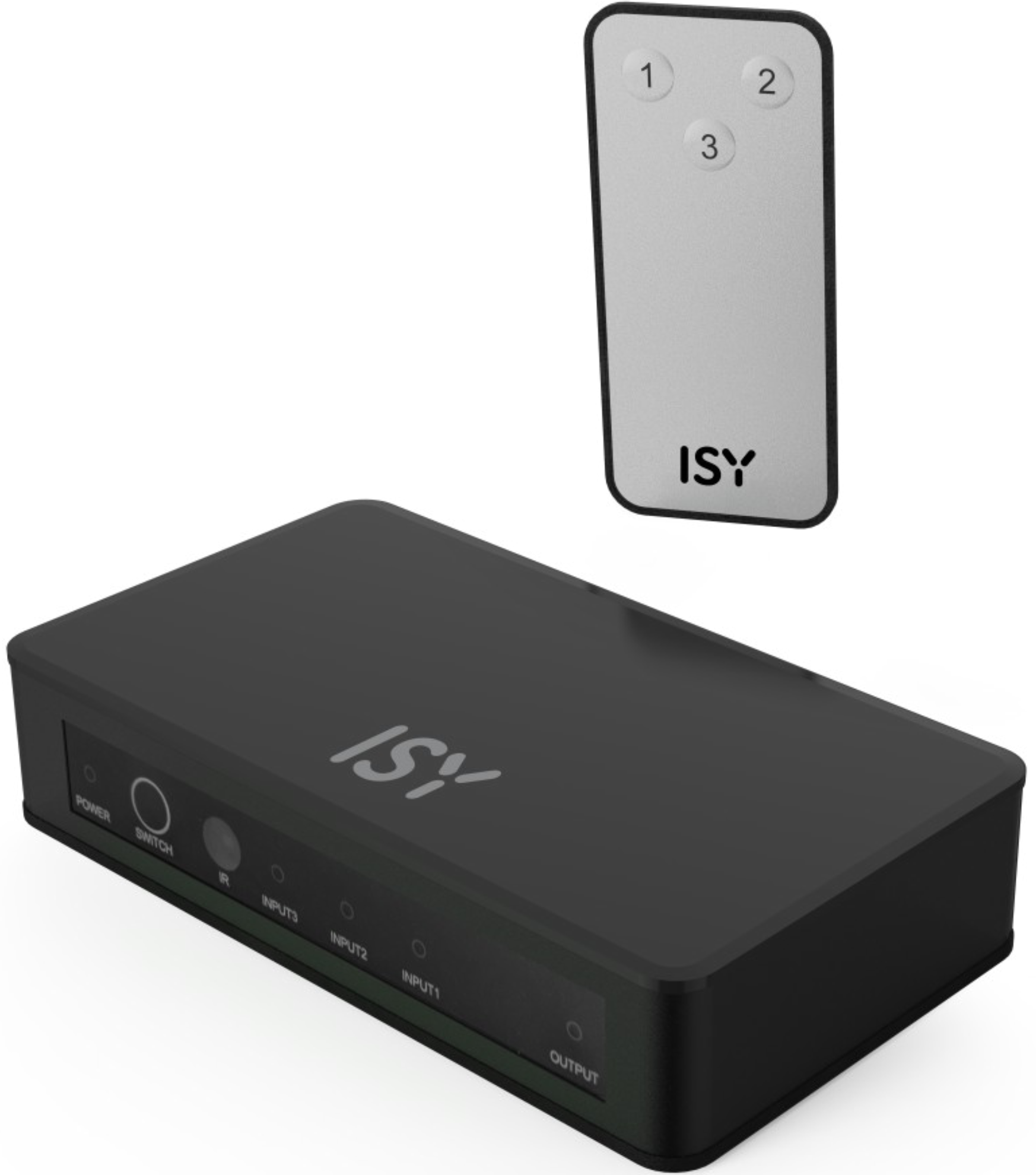 Uno splitter ISY nero con un telecomando con pulsanti 1, 2 e 3.